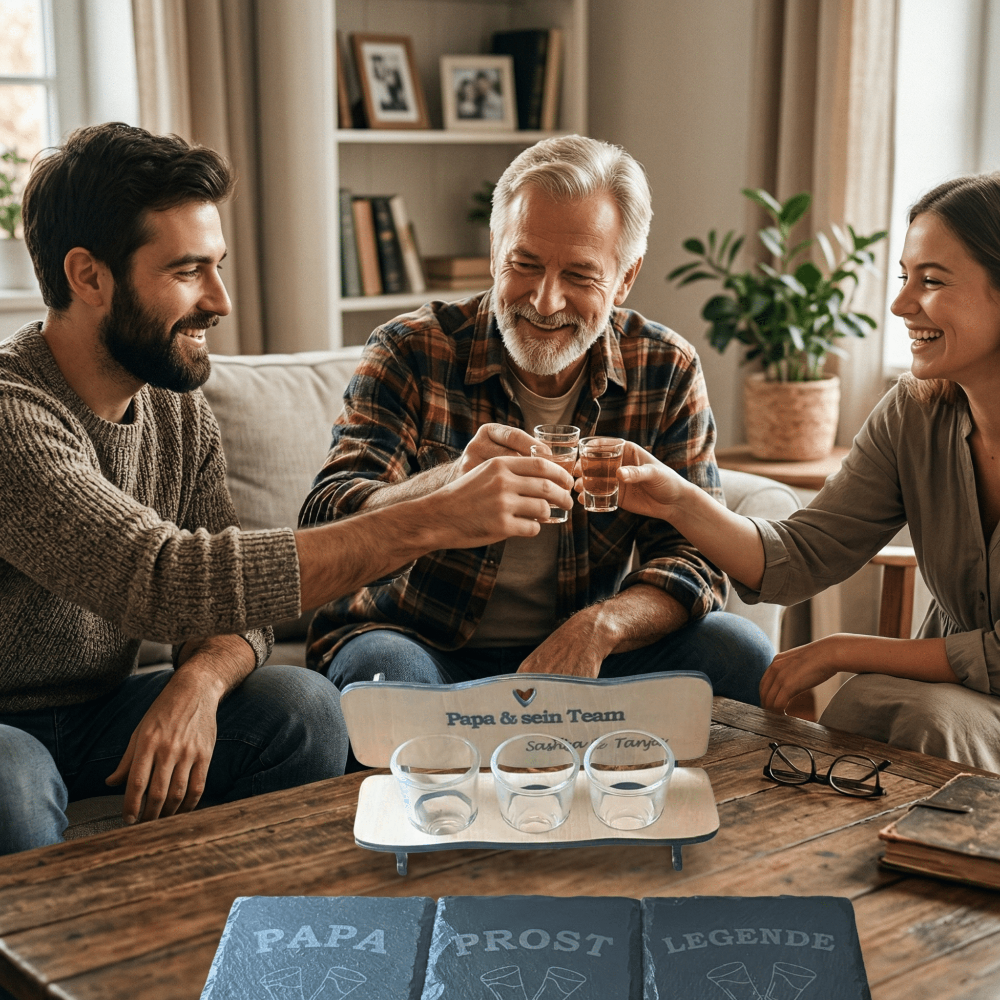 Schnapsbank „Papa & sein Team“ – personalisiertes Männer Geschenk mit 3 Gläsern & Untersetzern - Gravurliebe