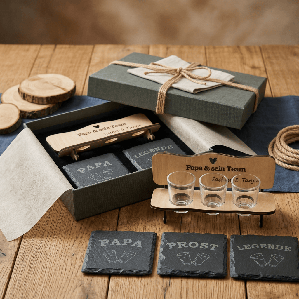 Schnapsbank „Papa & sein Team“ – personalisiertes Männer Geschenk mit 3 Gläsern & Untersetzern - Gravurliebe