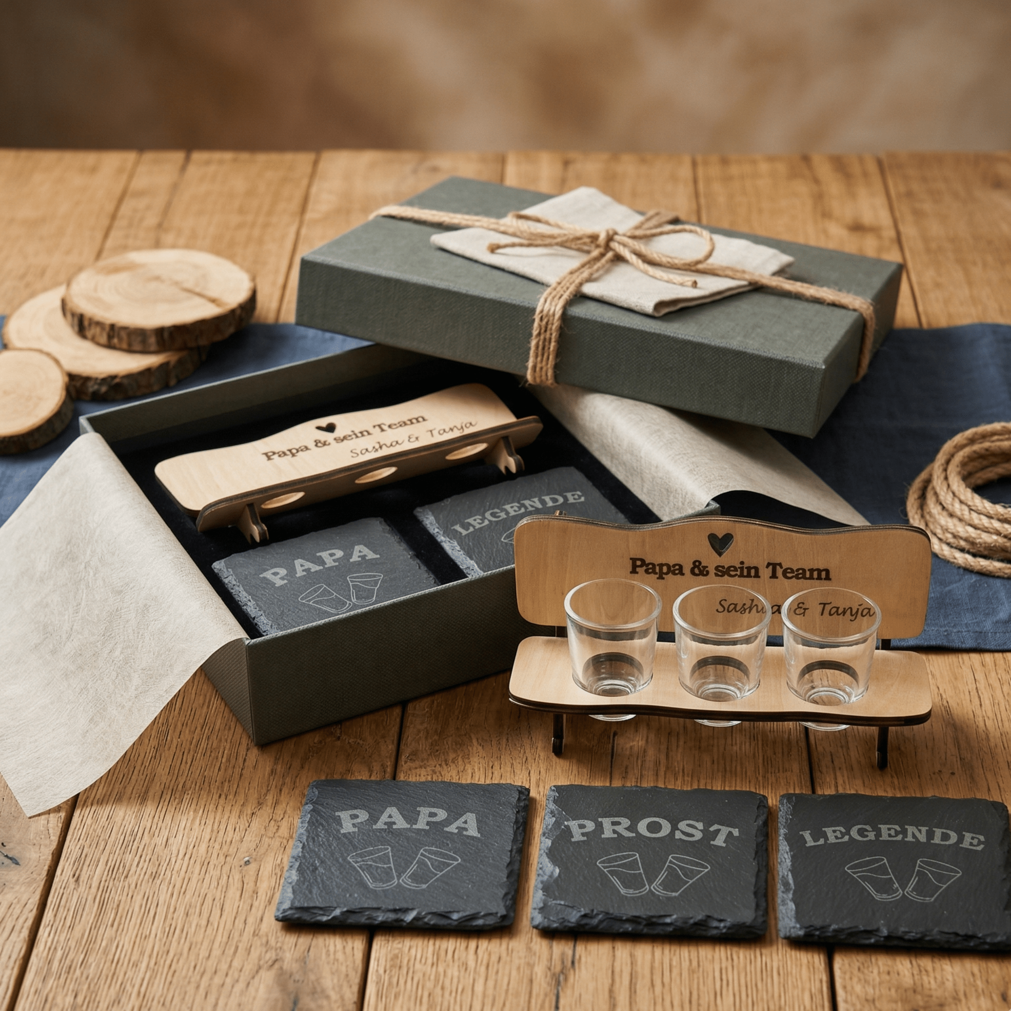 Schnapsbank „Papa & sein Team“ – personalisiertes Männer Geschenk mit 3 Gläsern & Untersetzern - Gravurliebe