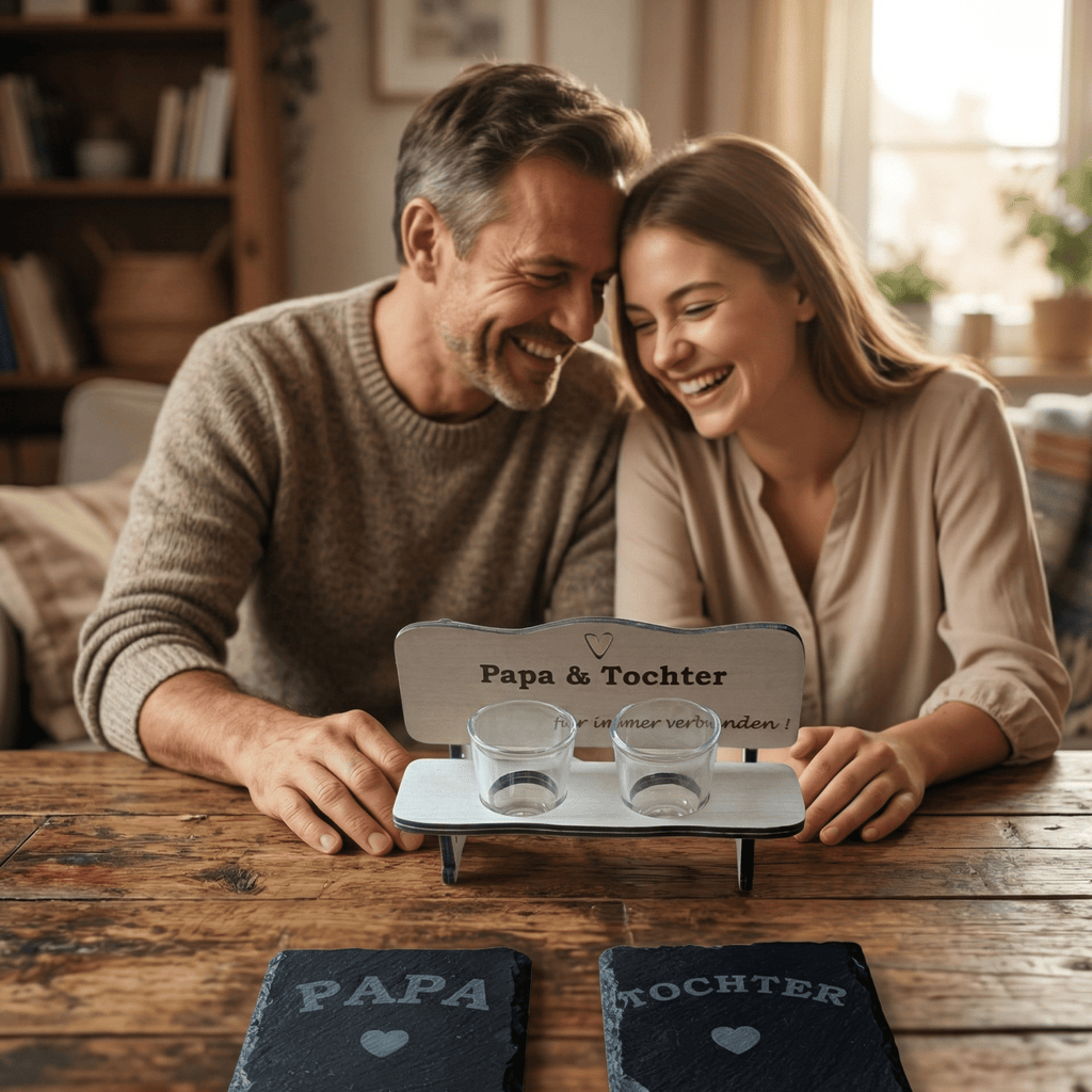 Schnapsbank Papa & Tochter – personalisiertes Geschenk aus Holz mit Gläsern & Untersetzern - Gravurliebe