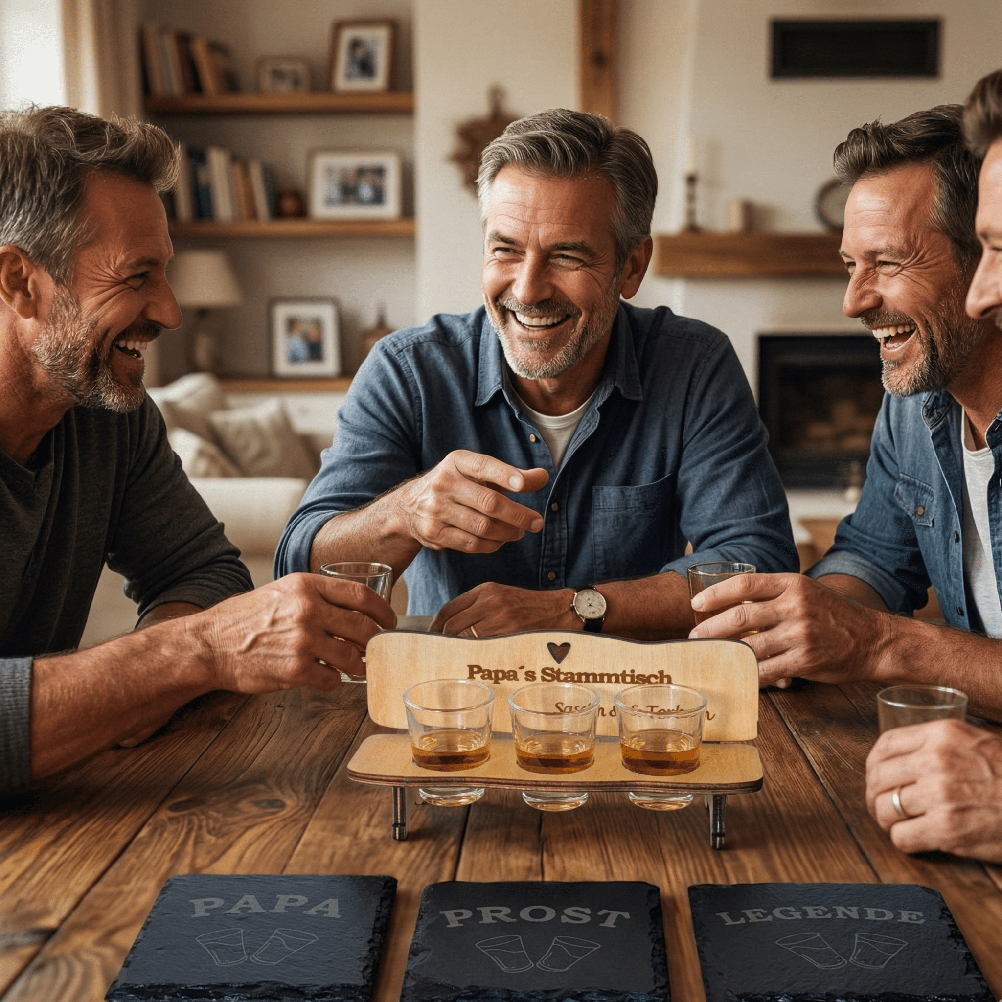 Schnapsbank „Papa’s Stammtisch“ – personalisiertes Geschenk mit 3 Gläsern & Untersetzern - Gravurliebe