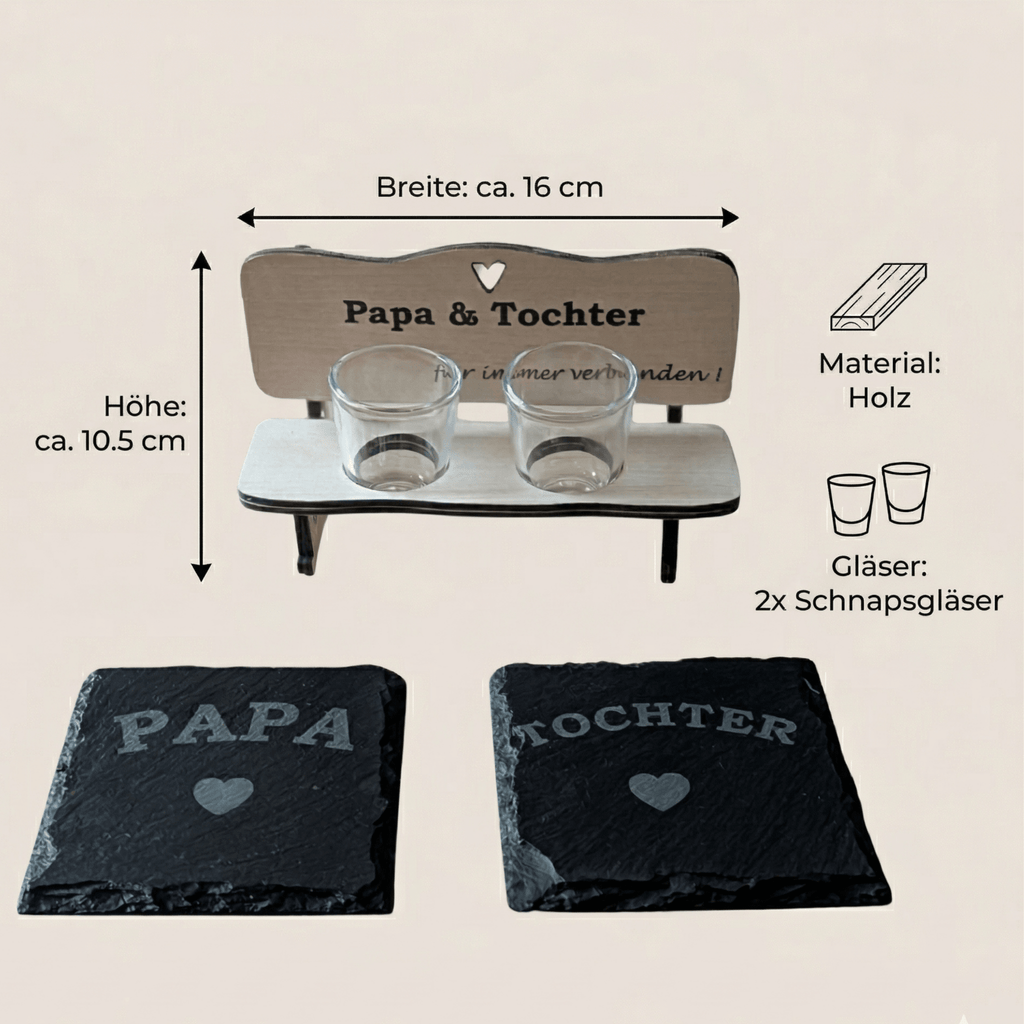 Schnapsbank Papa & Tochter – personalisiertes Geschenk aus Holz mit Gläsern & Untersetzern - Gravurliebe