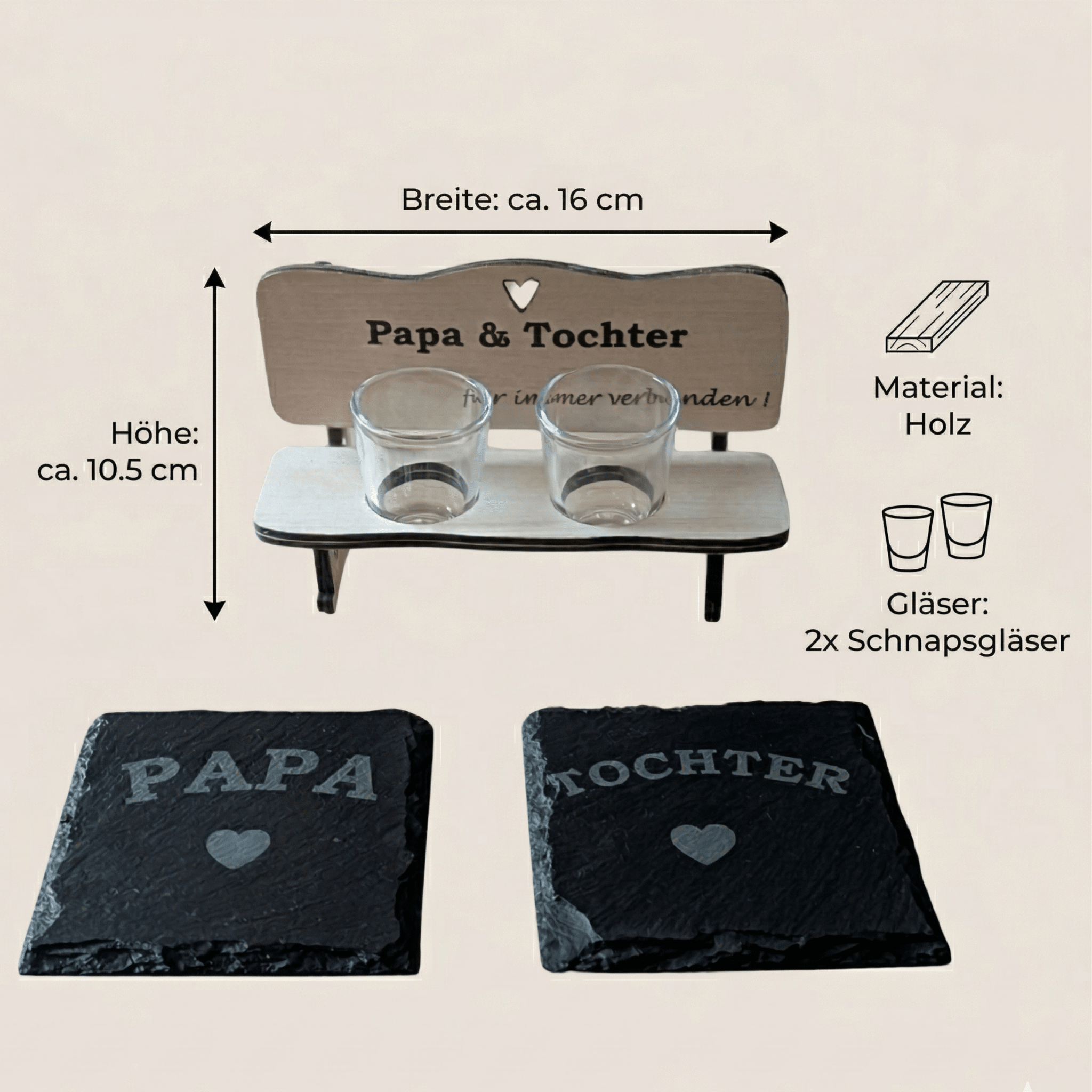 Schnapsbank Papa & Tochter – personalisiertes Geschenk aus Holz mit Gläsern & Untersetzern - Gravurliebe
