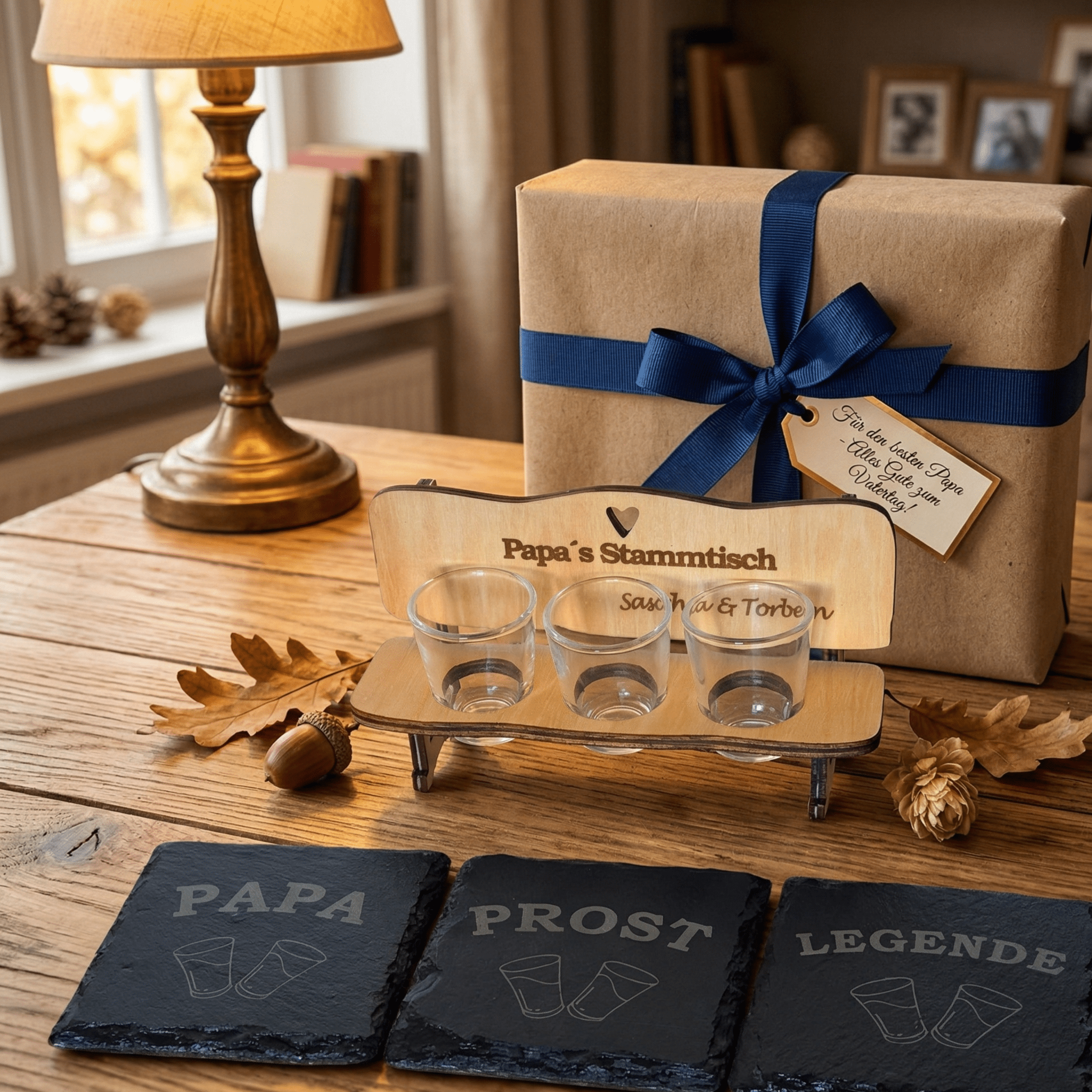 Schnapsbank „Papa’s Stammtisch“ – personalisiertes Geschenk mit 3 Gläsern & Untersetzern - Gravurliebe
