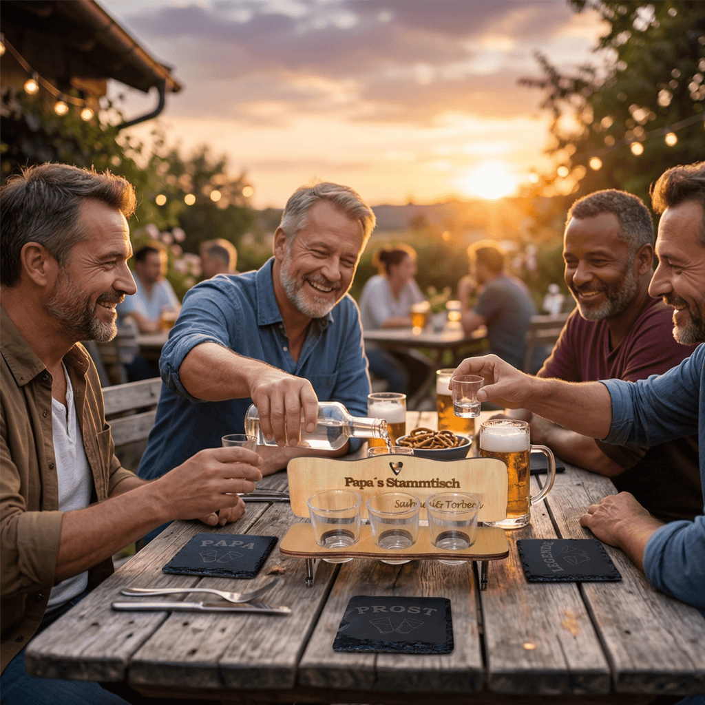Schnapsbank „Papa’s Stammtisch“ – personalisiertes Geschenk mit 3 Gläsern & Untersetzern - Gravurliebe
