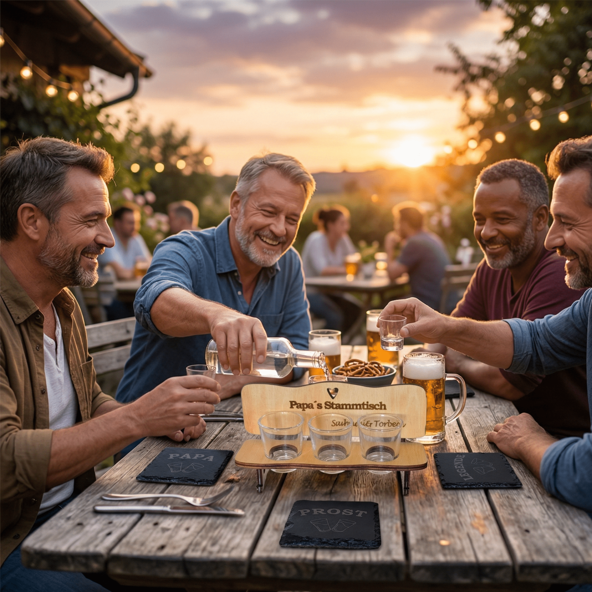 Schnapsbank „Papa’s Stammtisch“ – personalisiertes Geschenk mit 3 Gläsern & Untersetzern - Gravurliebe