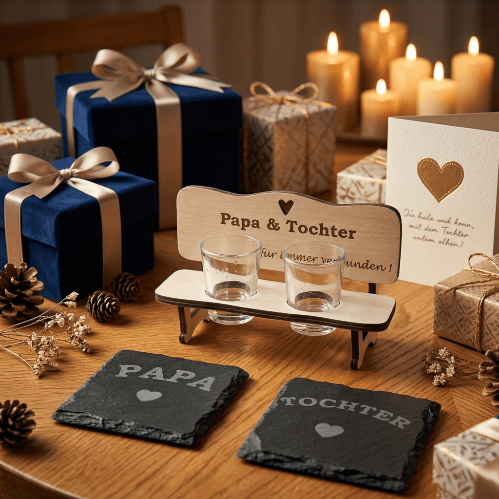 Schnapsbank Papa & Tochter – personalisiertes Geschenk aus Holz mit Gläsern & Untersetzern - Gravurliebe