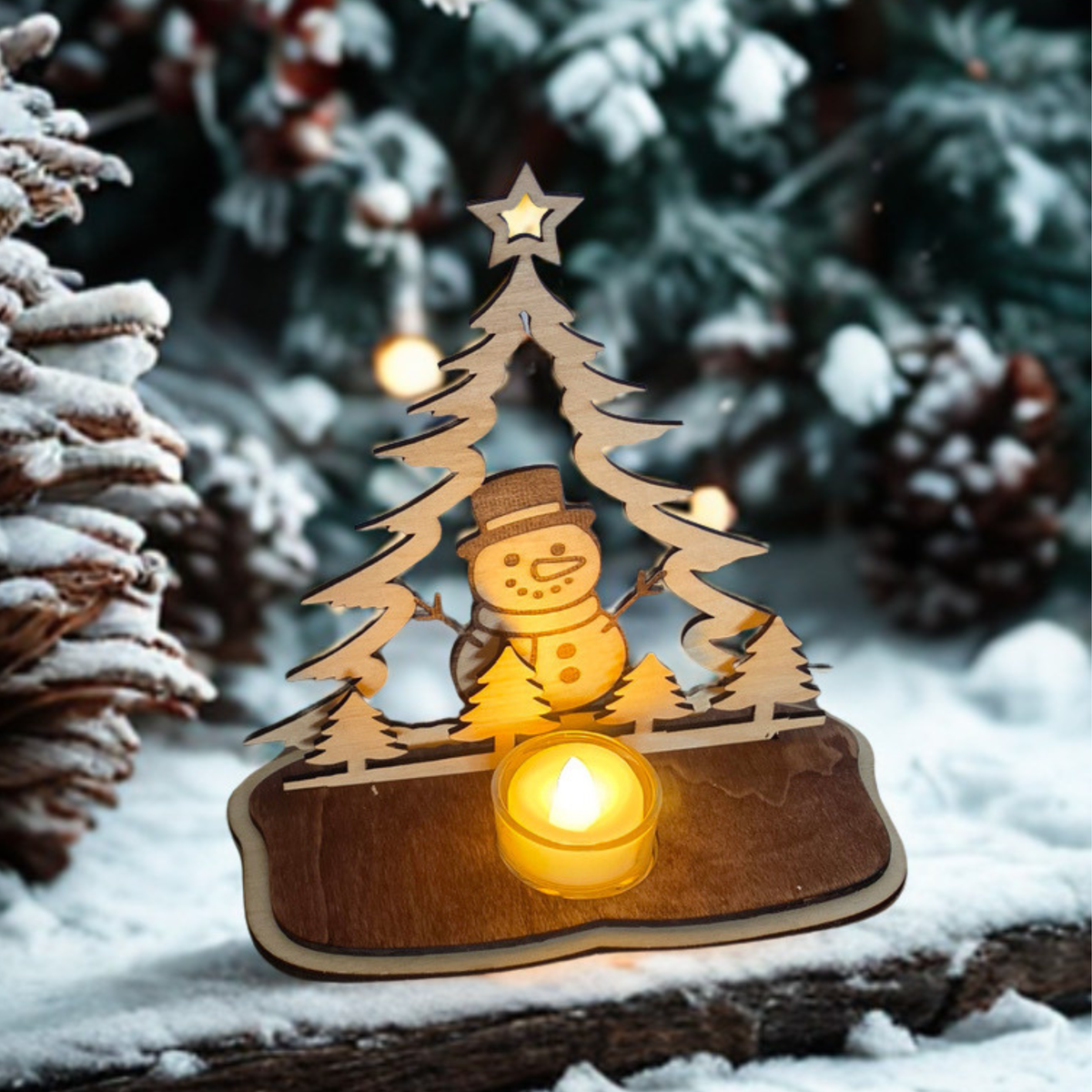 Weihnachtlicher Teelichthalter aus Birkenholz mit Schneemann und Tannenbaum, inklusive Teelichtglas und LED-Teelicht.