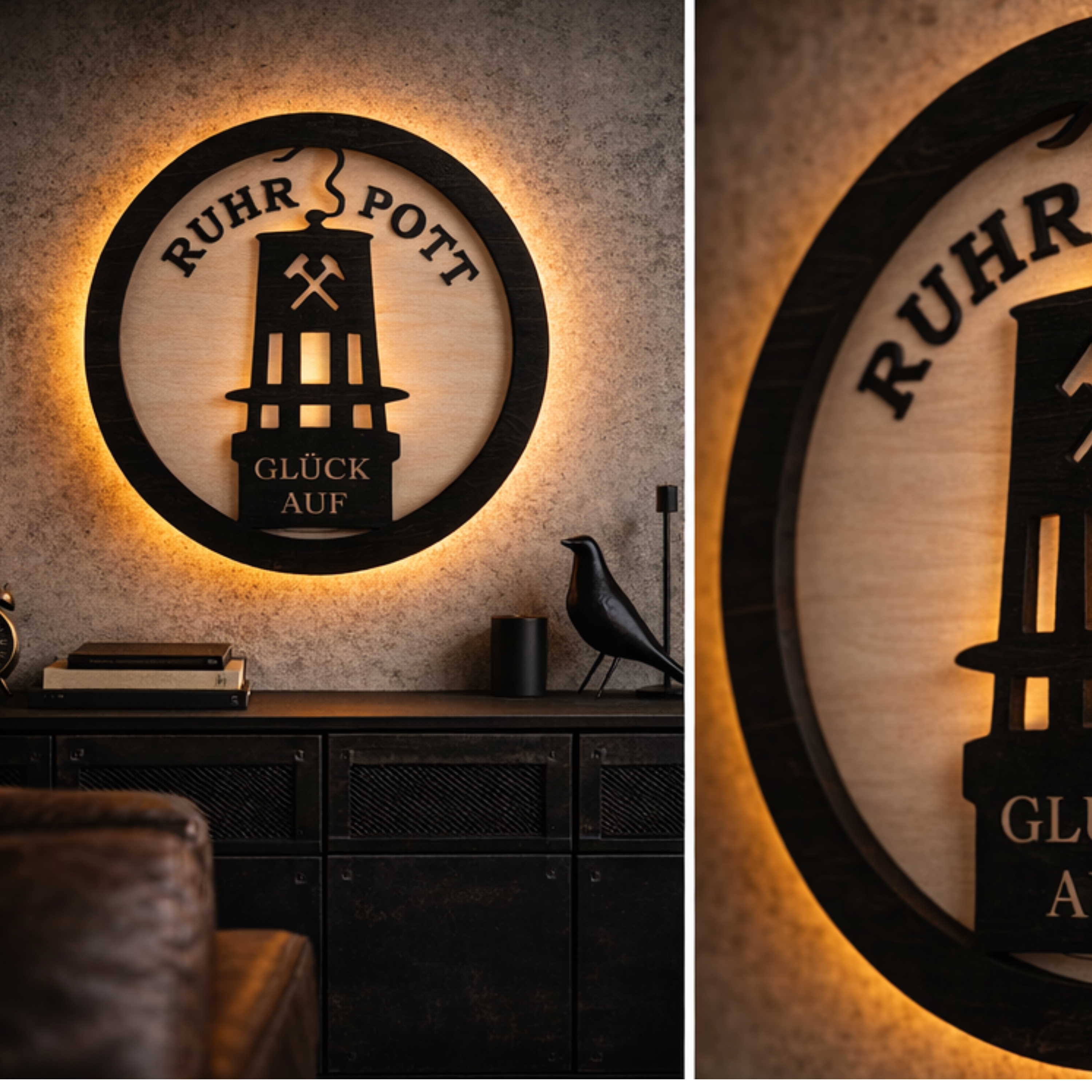 Ruhrpott Wandbild LED – Grubenlampe Holz Deko mit Beleuchtung „Glück Auf“