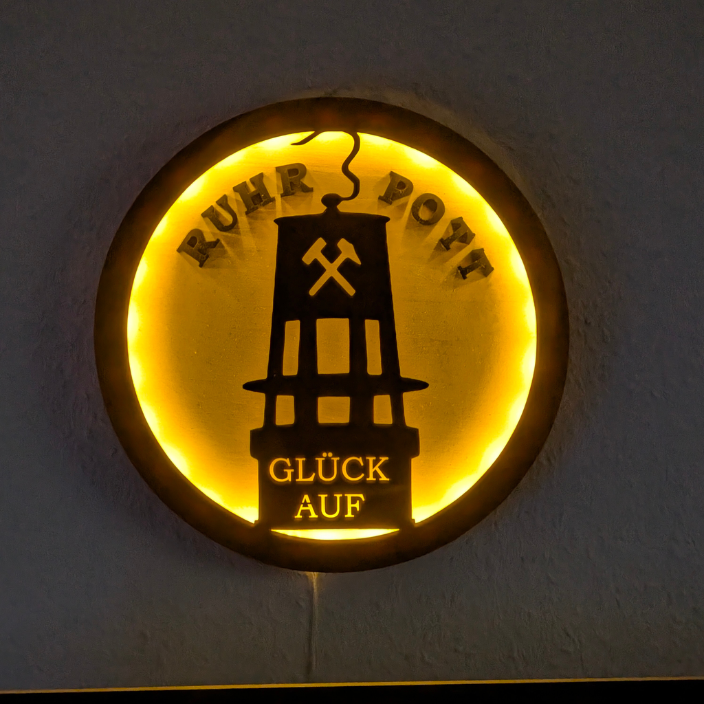 Ruhrpott Wandbild LED – Grubenlampe Holz Deko mit Beleuchtung „Glück Auf“