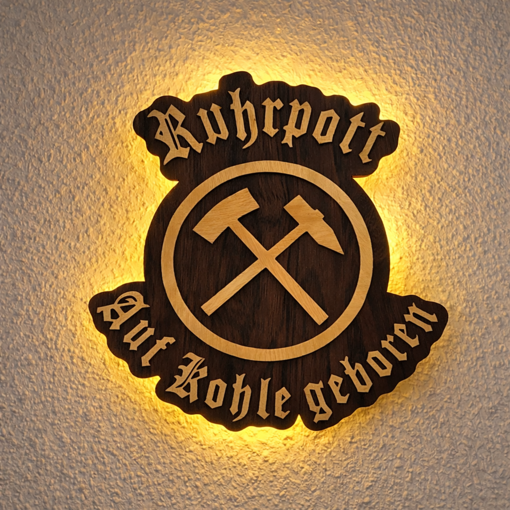 Ruhrpott LED Wandbild aus Holz – indirekt beleuchtet mit Timer | „Ruhrpott – Auf Kohle geboren“