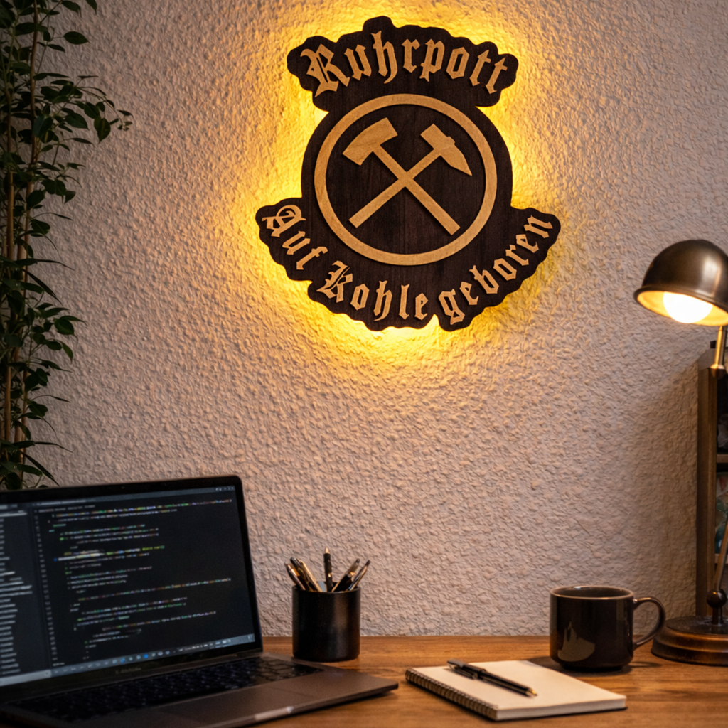 Ruhrpott LED Wandbild aus Holz – indirekt beleuchtet mit Timer | „Ruhrpott – Auf Kohle geboren“