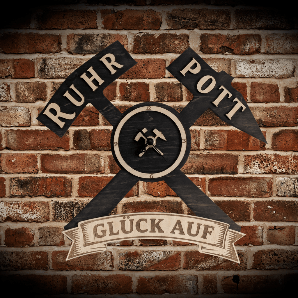 Ruhrpott Wanduhr aus Holz – Bergbau Design mit Schlägel & Eisen „Glück Auf“ - Gravurliebe