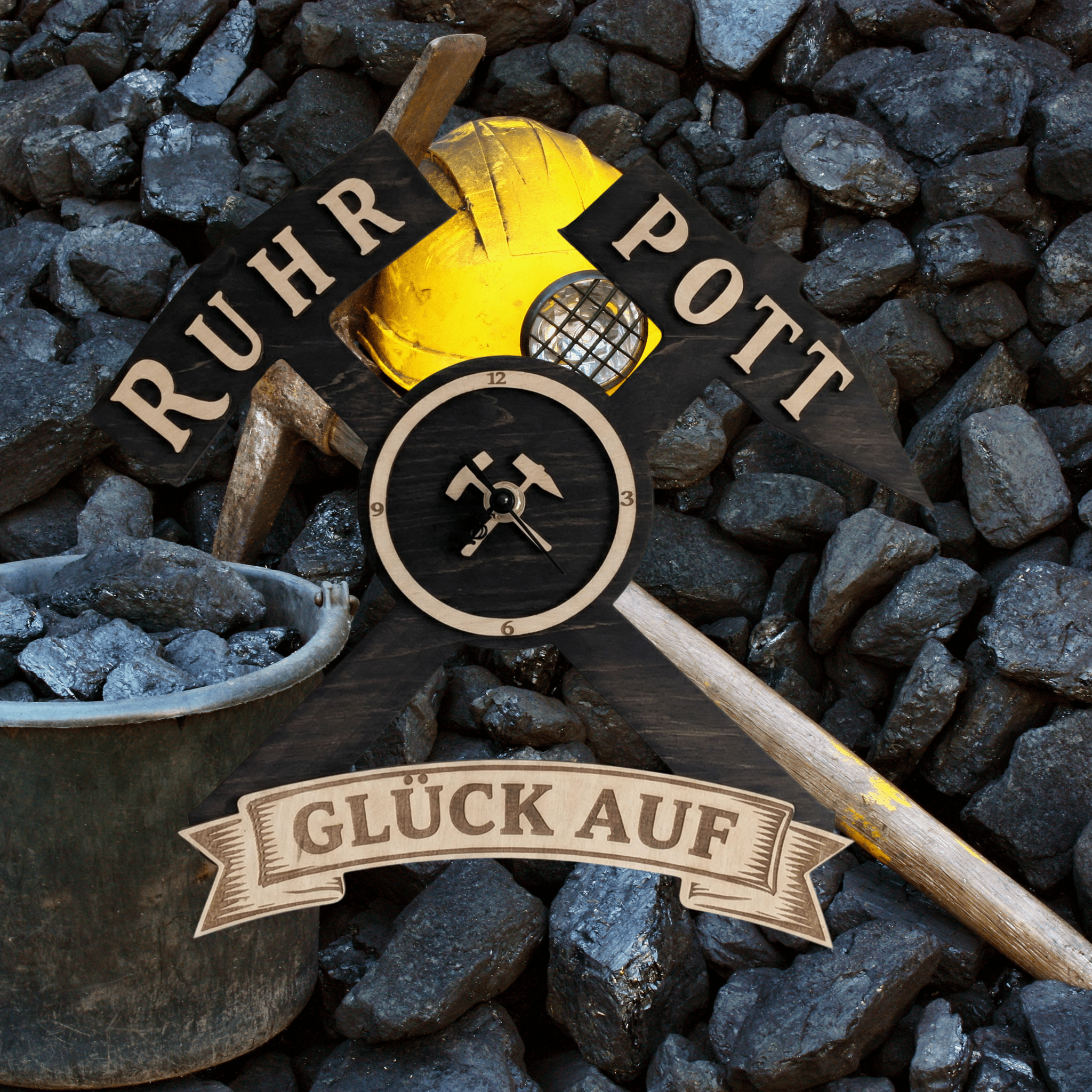 Ruhrpott Wanduhr aus Holz – Bergbau Design mit Schlägel & Eisen „Glück Auf“ - Gravurliebe