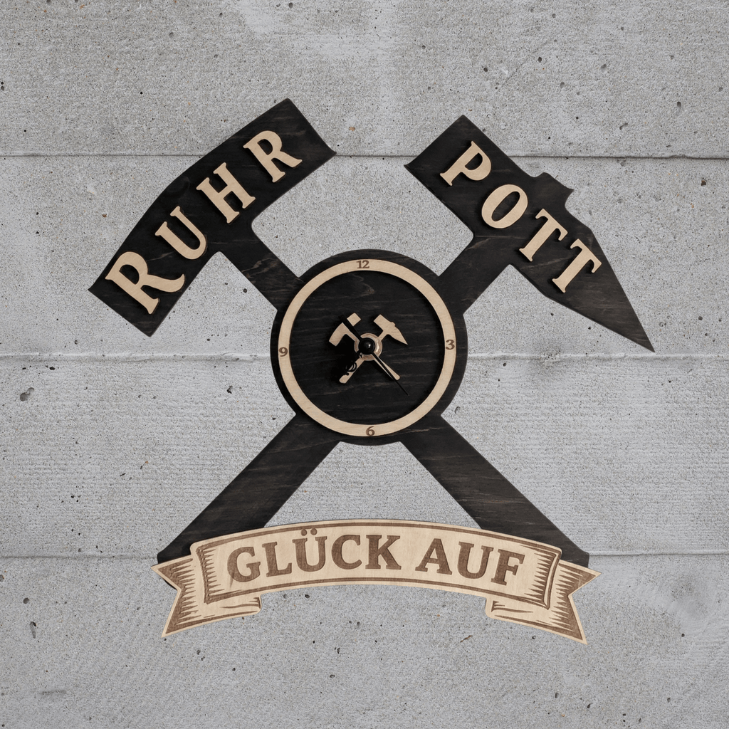 Ruhrpott Wanduhr aus Holz – Bergbau Design mit Schlägel & Eisen „Glück Auf“ - Gravurliebe