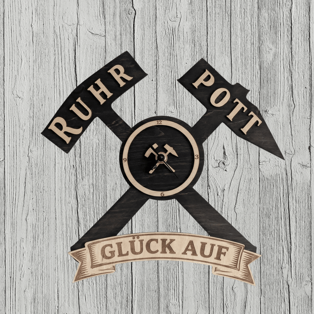 Ruhrpott Wanduhr aus Holz – Bergbau Design mit Schlägel & Eisen „Glück Auf“ - Gravurliebe