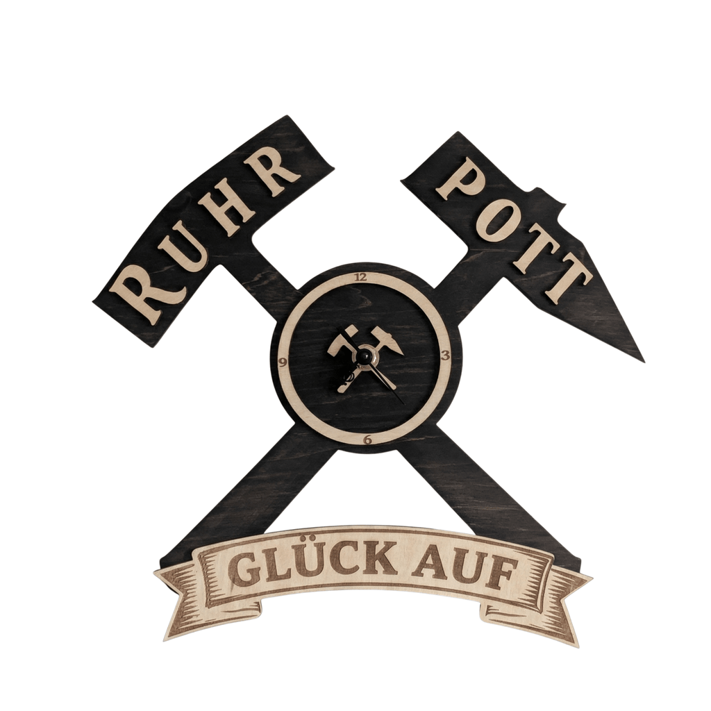 Ruhrpott Wanduhr aus Holz – Bergbau Design mit Schlägel & Eisen „Glück Auf“ - Gravurliebe