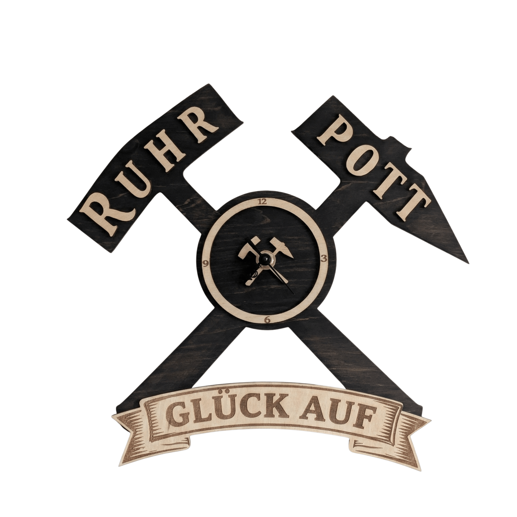 Ruhrpott Wanduhr aus Holz – Bergbau Design mit Schlägel & Eisen „Glück Auf“ - Gravurliebe