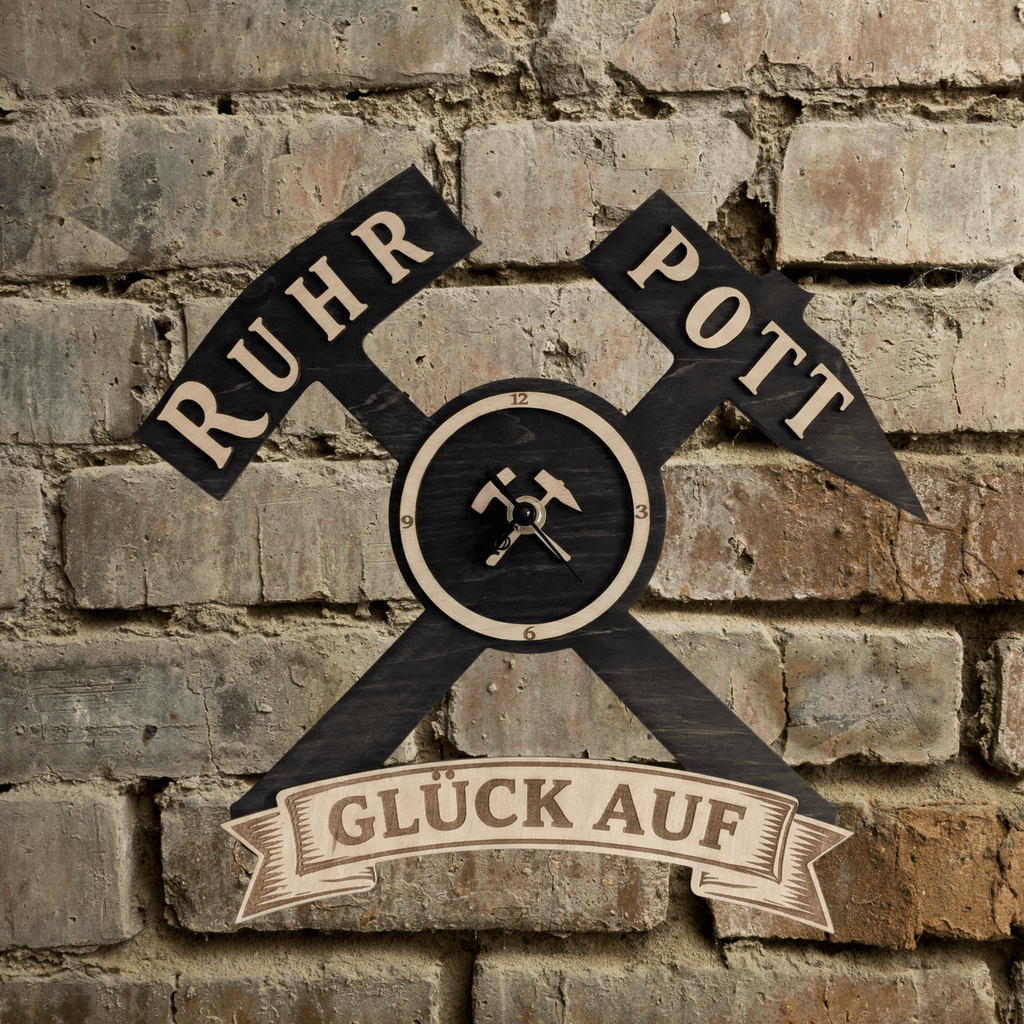 Ruhrpott Wanduhr aus Holz – Bergbau Design mit Schlägel & Eisen „Glück Auf“ - Gravurliebe