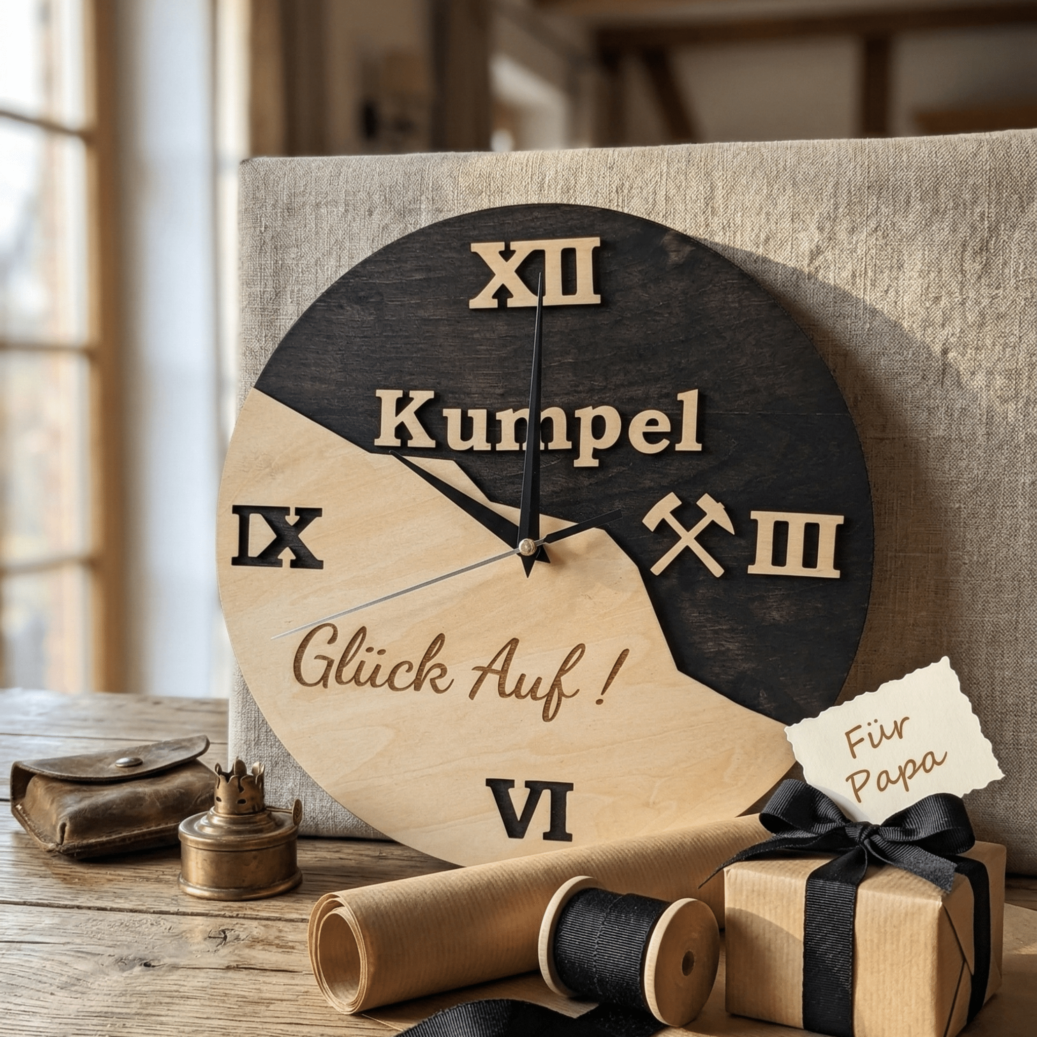 Ruhrpott Wanduhr aus Holz – Geschenk für Papa & Männer mit Bergbau Design - Gravurliebe