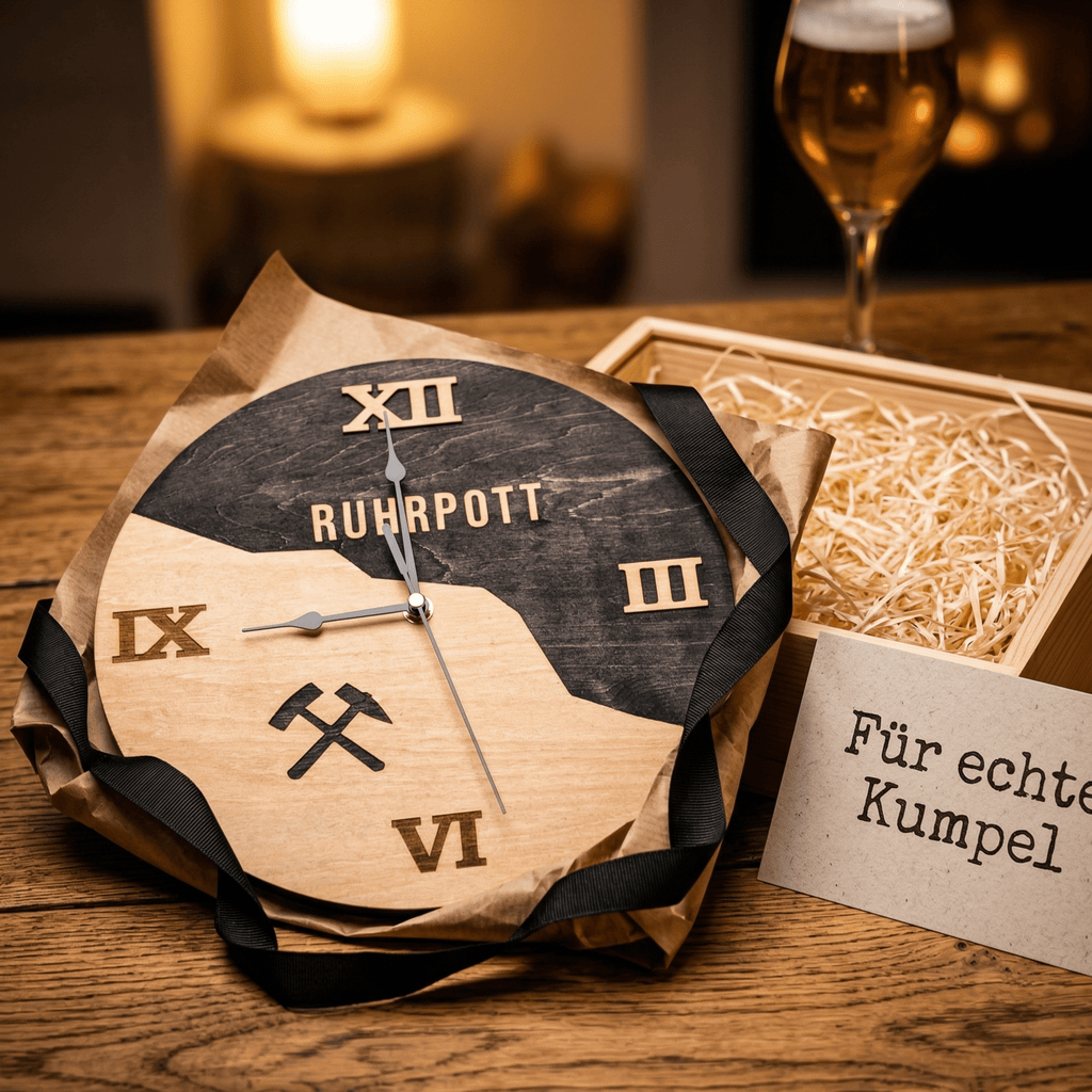 Ruhrpott Wanduhr aus Holz – Schlägel & Eisen – Geschenk für Männer - Gravurliebe