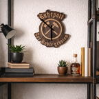 Handgefertigte Ruhrgebiet Wanduhr aus Nussbaum mit Bergbau Symbol Schlägel und Eisen, 26,5 x 29,5 cm, rustikale Holz Deko.