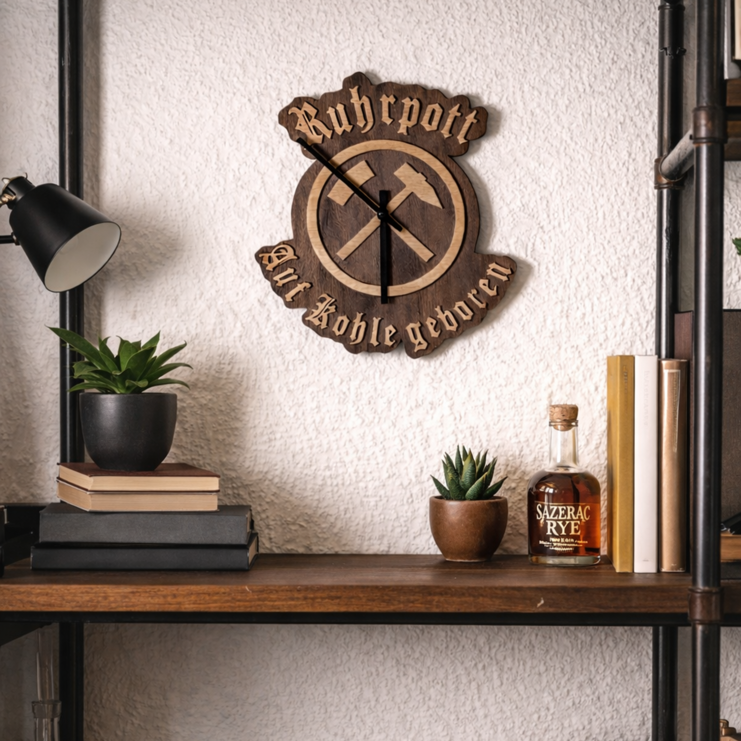 Handgefertigte Ruhrgebiet Wanduhr aus Nussbaum mit Bergbau Symbol Schlägel und Eisen, 26,5 x 29,5 cm, rustikale Holz Deko.