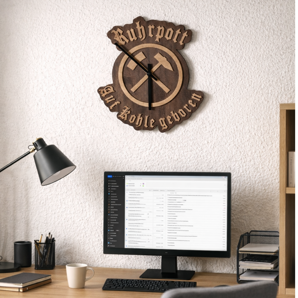 Handgefertigte Ruhrgebiet Wanduhr aus Nussbaum mit Bergbau Symbol Schlägel und Eisen, 26,5 x 29,5 cm, rustikale Holz Deko.