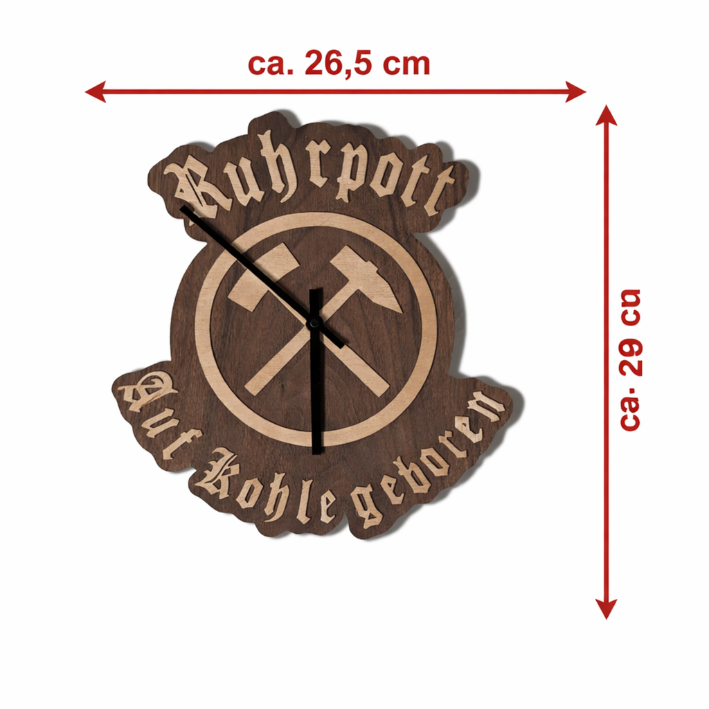 Handgefertigte Ruhrgebiet Wanduhr aus Nussbaum mit Bergbau Symbol Schlägel und Eisen, 26,5 x 29,5 cm, rustikale Holz Deko.