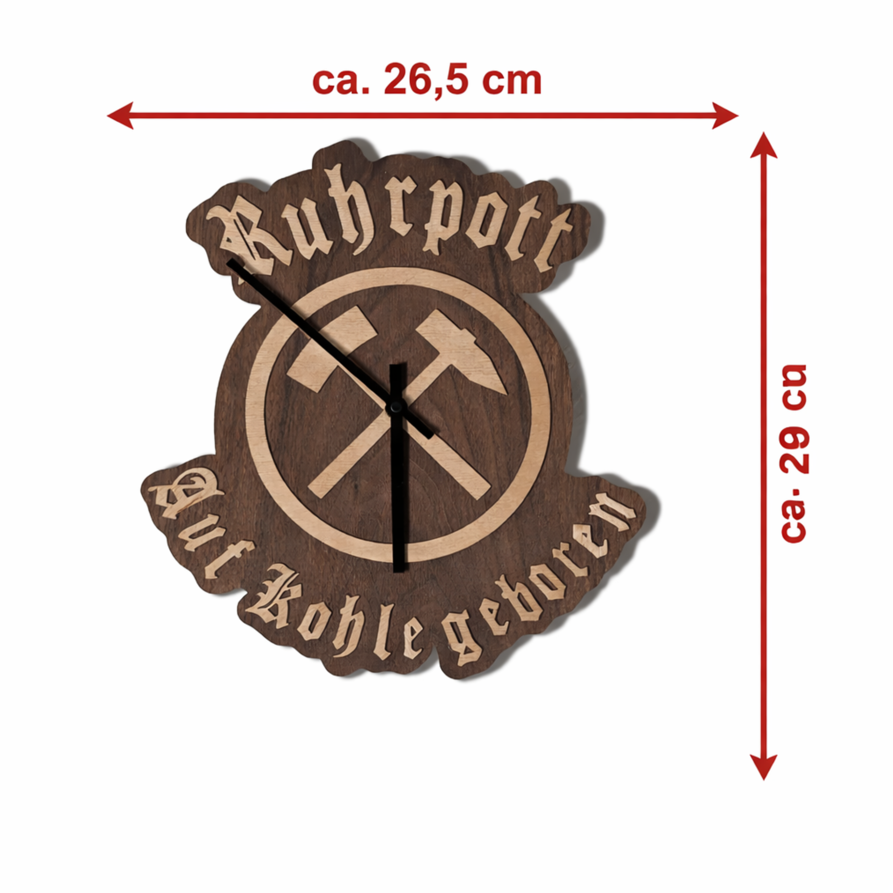 Handgefertigte Ruhrgebiet Wanduhr aus Nussbaum mit Bergbau Symbol Schlägel und Eisen, 26,5 x 29,5 cm, rustikale Holz Deko.