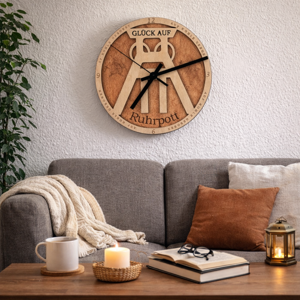 Wanduhr Förderturm aus Holz „Glück Auf“ – Ruhrpott Uhr im Bergbau-Stil | Geschenk für Kumpel & Malocher
