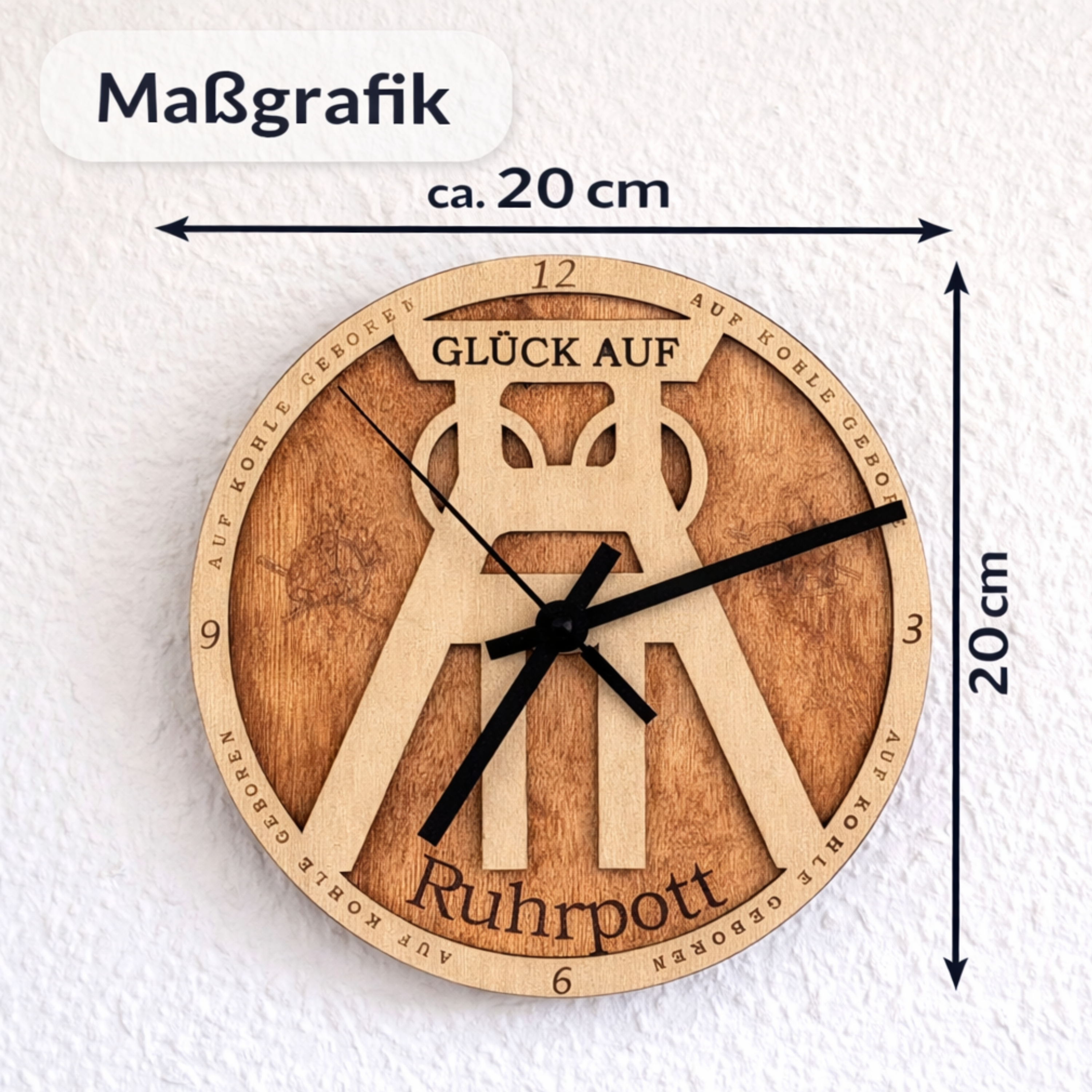 Wanduhr Förderturm aus Holz „Glück Auf“ – Ruhrpott Uhr im Bergbau-Stil | Geschenk für Kumpel & Malocher