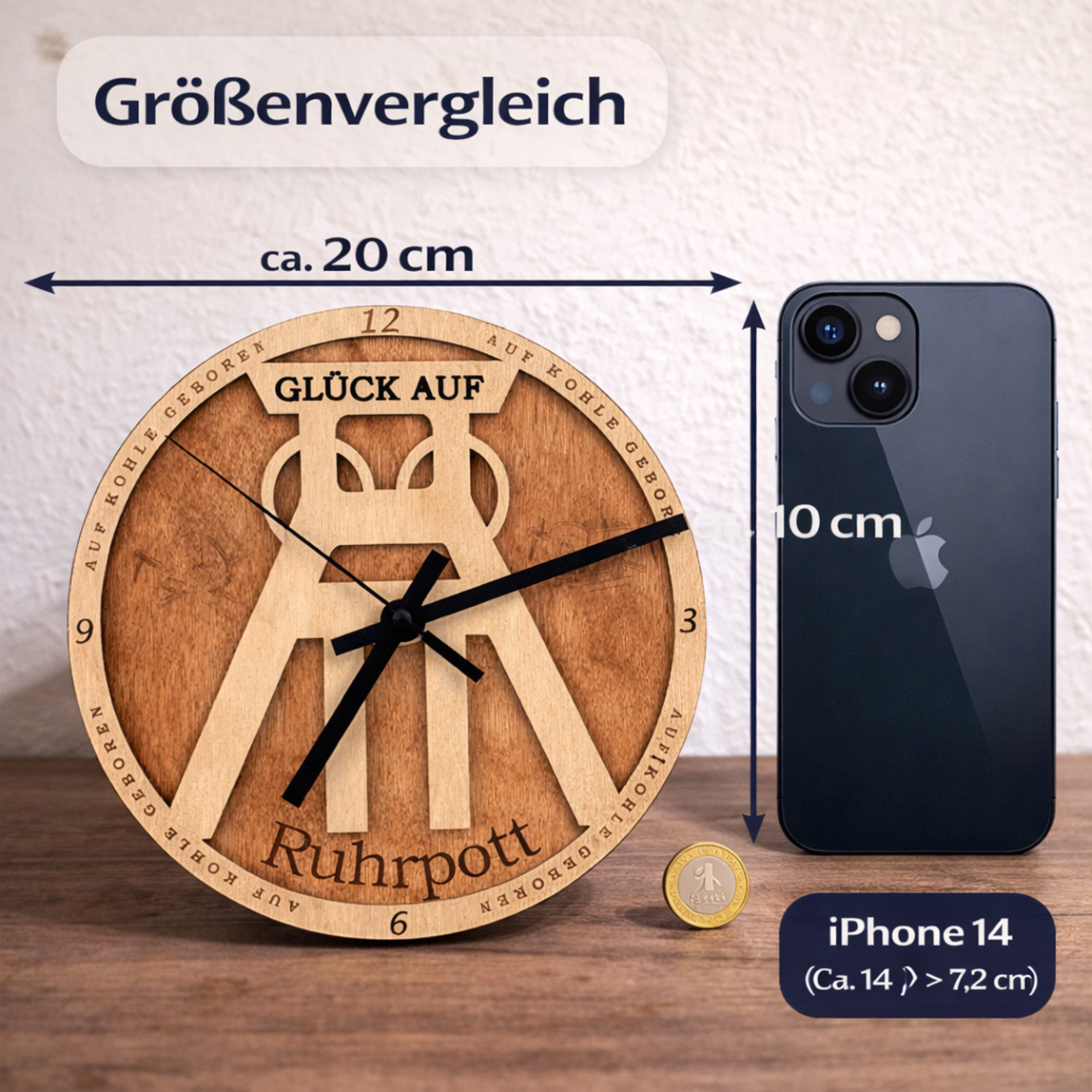 Wanduhr Förderturm aus Holz „Glück Auf“ – Ruhrpott Uhr im Bergbau-Stil | Geschenk für Kumpel & Malocher