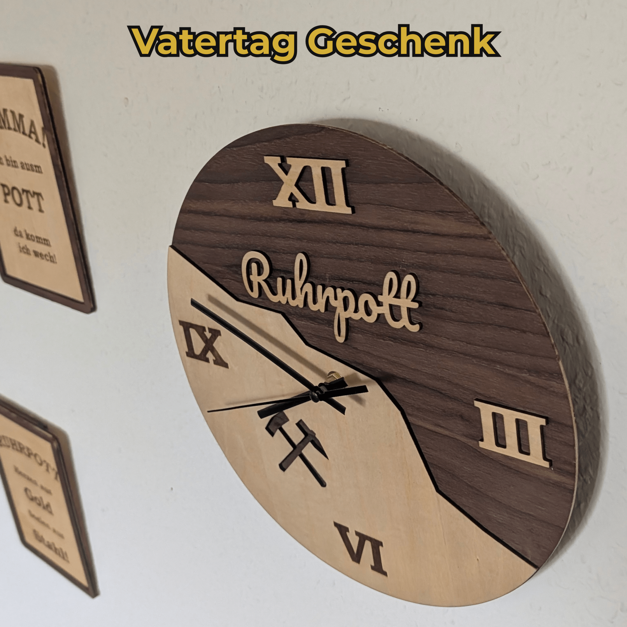 Ruhrpott Wanduhr aus Holz – Bergbau Design mit Schlägel & Eisen – Industrial Deko - Gravurliebe