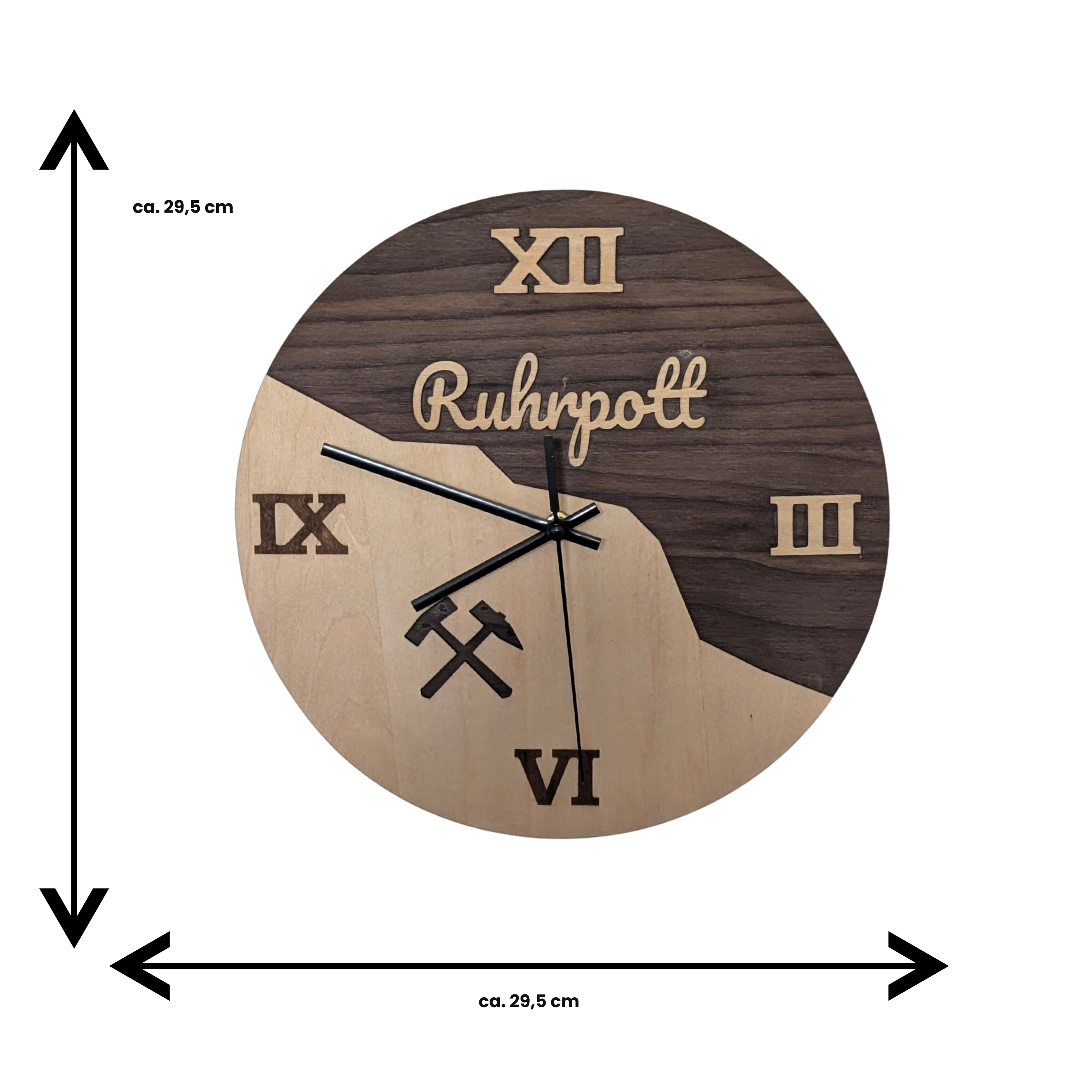 Ruhrpott Wanduhr aus Holz – Bergbau Design mit Schlägel & Eisen – Industrial Deko