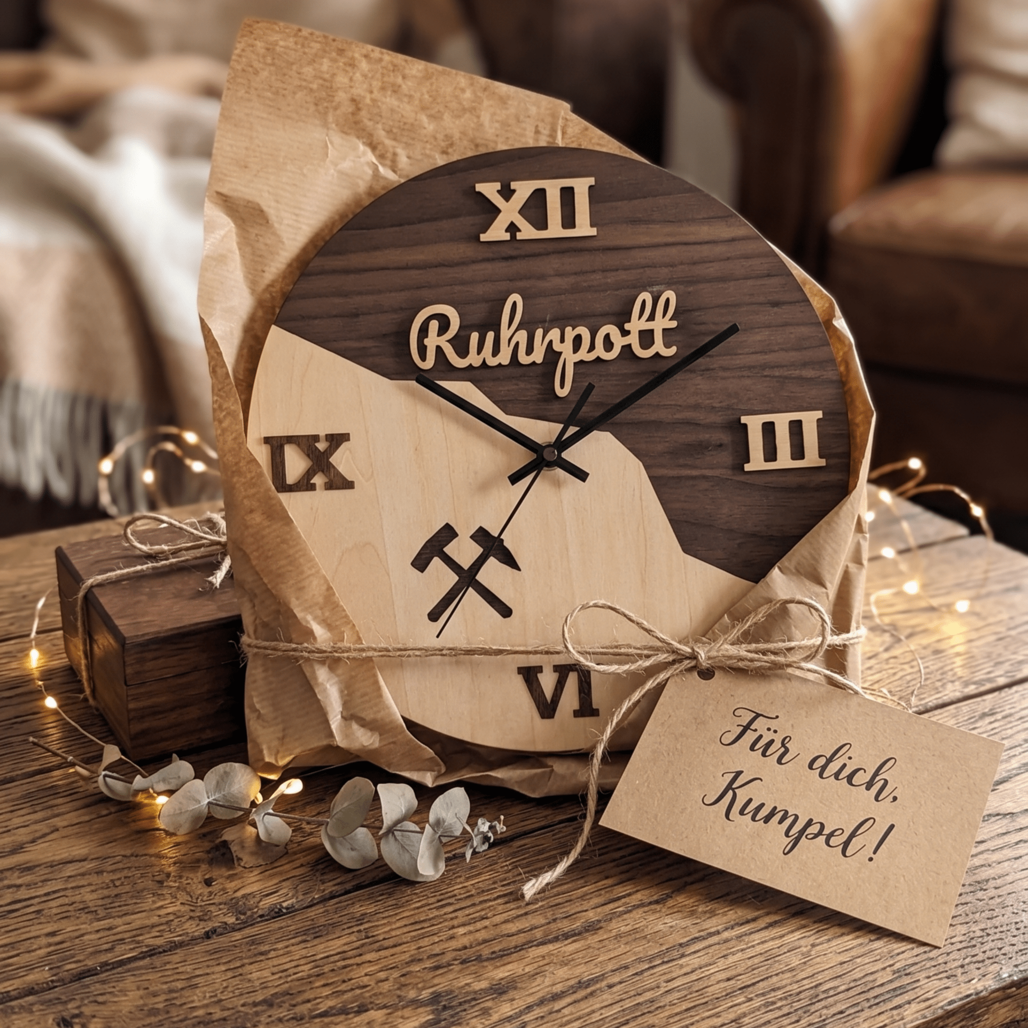 Ruhrpott Wanduhr aus Holz – Bergbau Design mit Schlägel & Eisen – Industrial Deko - Gravurliebe