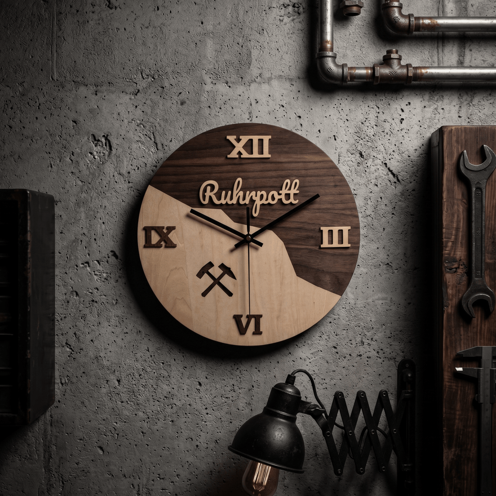 Ruhrpott Wanduhr aus Holz – Bergbau Design mit Schlägel & Eisen – Industrial Deko - Gravurliebe