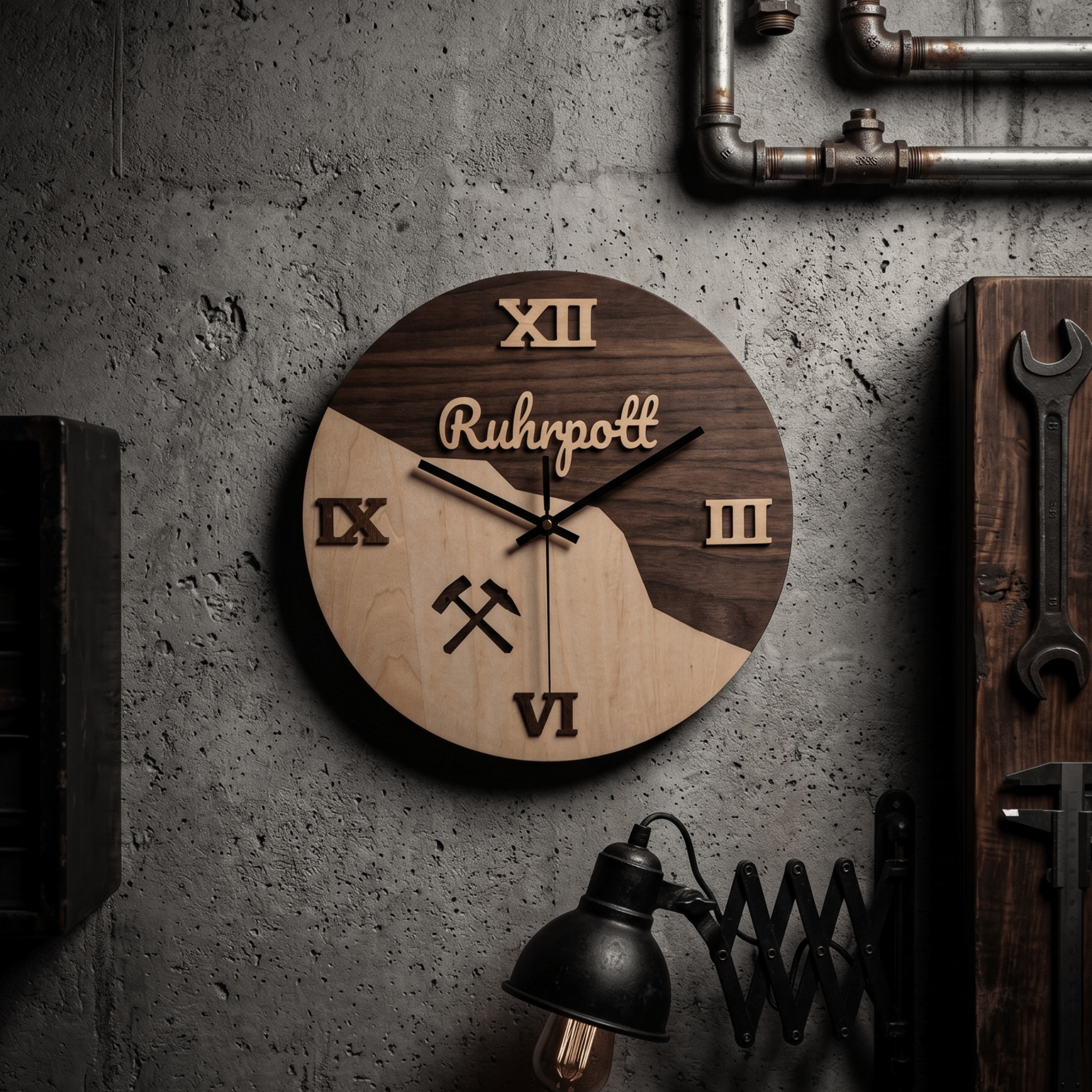 Ruhrpott Wanduhr aus Holz – Bergbau Design mit Schlägel & Eisen – Industrial Deko - Gravurliebe