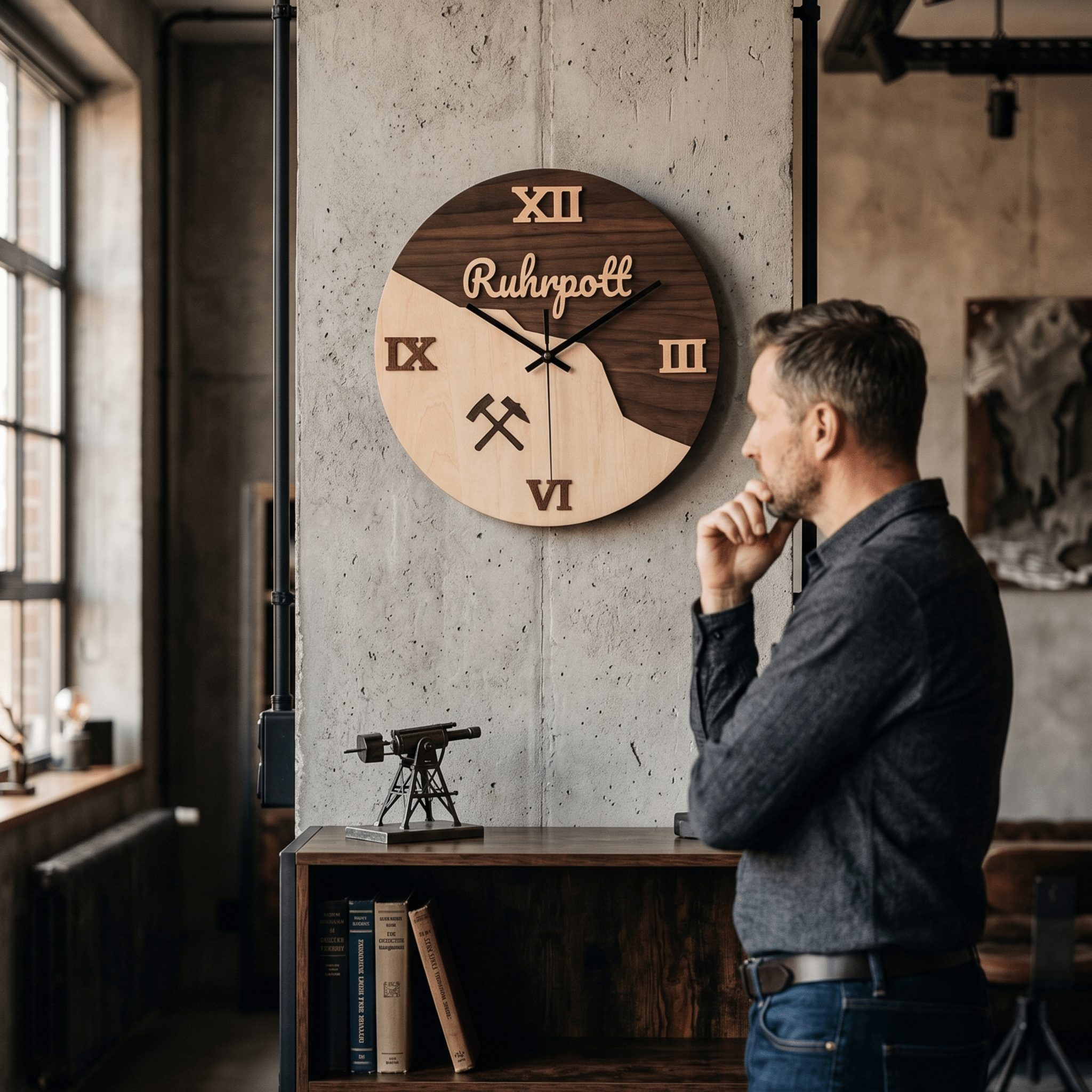 Ruhrpott Wanduhr aus Holz – Bergbau Design mit Schlägel & Eisen – Industrial Deko - Gravurliebe