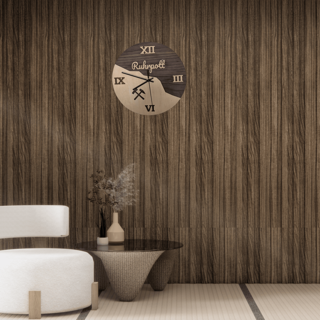 Ruhrpott Wanduhr aus Holz – Bergbau Design mit Schlägel & Eisen – Industrial Deko - Gravurliebe