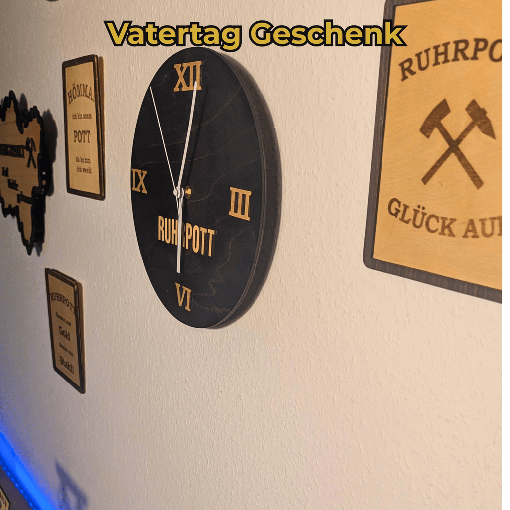 Ruhrpott Wanduhr aus Holz schwarz – Geschenk für Papa & Männer mit Charakter - Gravurliebe
