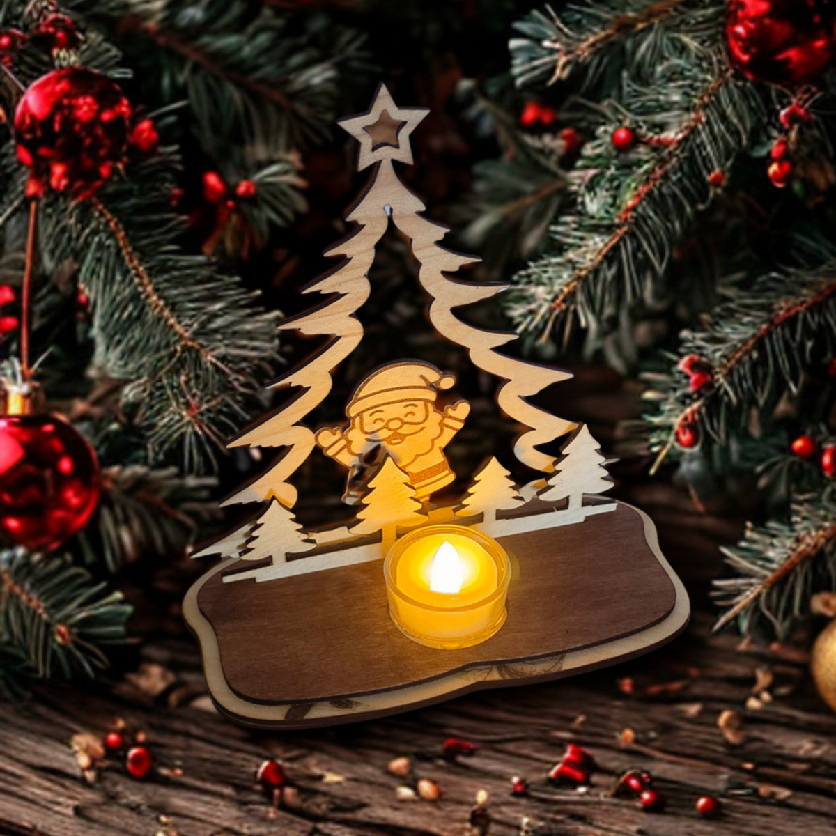 Teelichthalter Weihnachten aus Holz mit Weihnachtsmann-Motiv, Tannenbaum, Teelichtglas und warm leuchtendem LED-Teelicht.