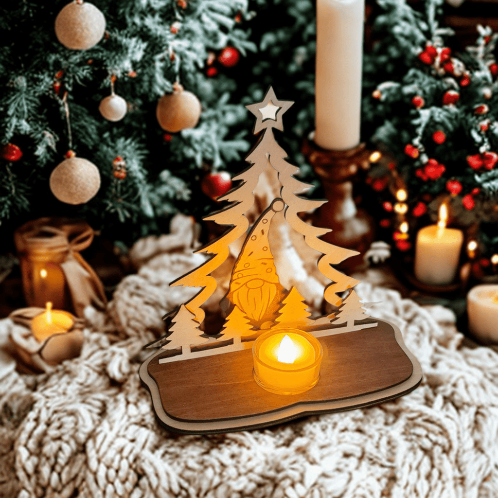 Weihnachtlicher Teelichthalter aus Holz mit Glas & LED-Teelicht – 8 Motive - Gravurliebe