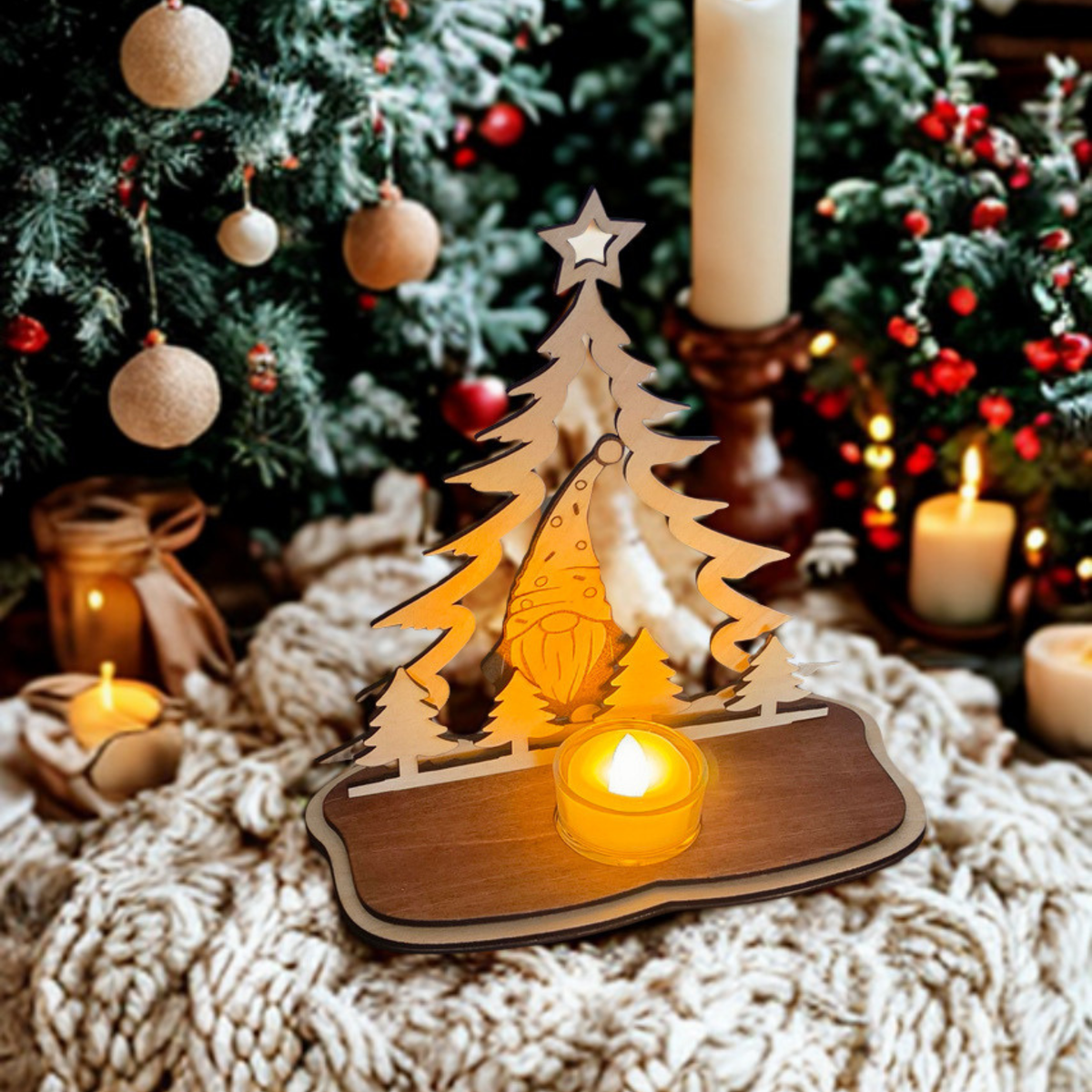 Weihnachtlicher Holz-Teelichthalter mit Wichtel und Tannenbaum, handgefertigte Adventsdeko mit Glas und LED-Teelicht.