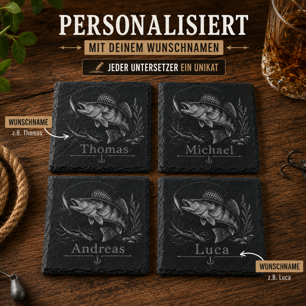 Geschenk für Angler mit personalisiertem Zander Schieferuntersetzer und individueller Namensgravur