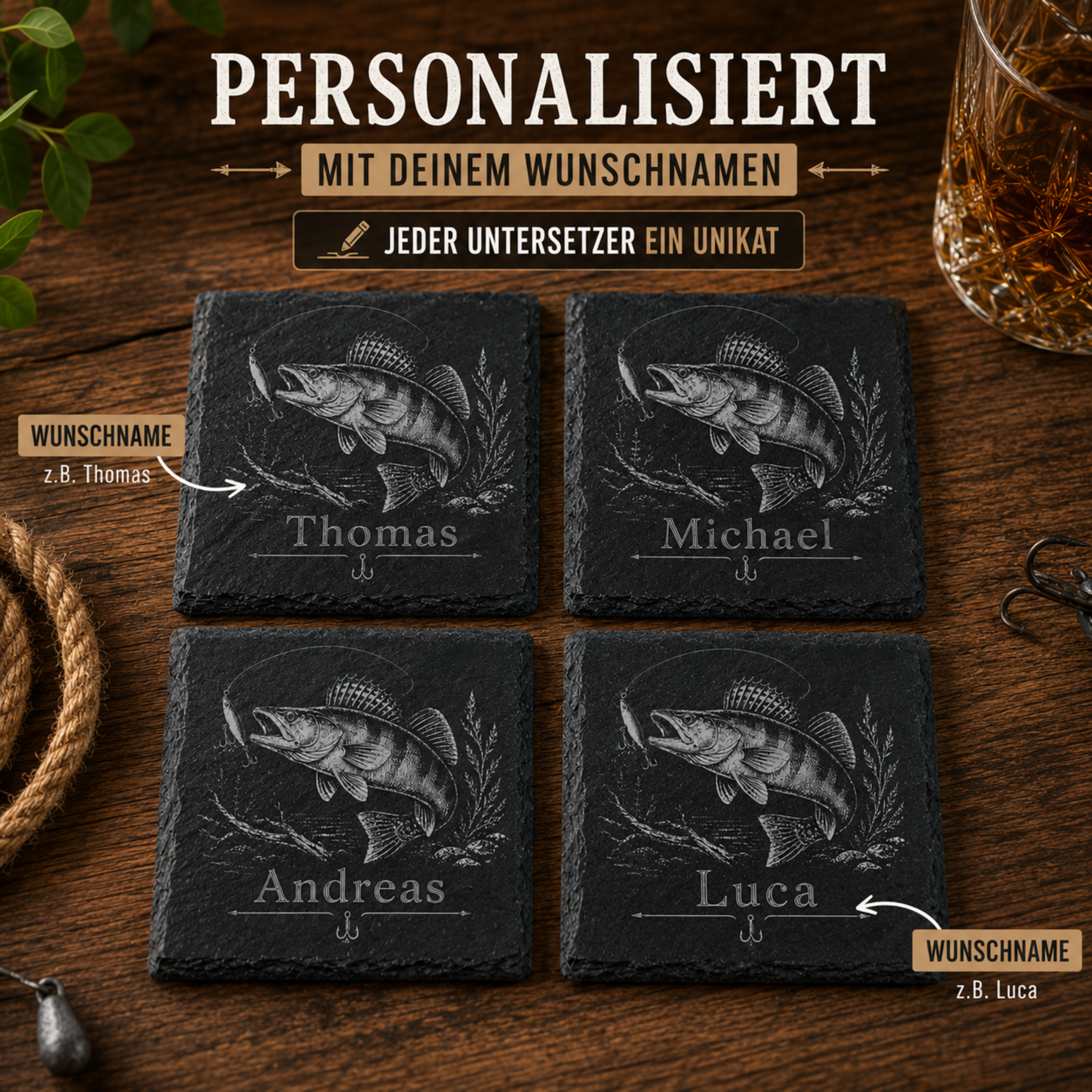 Geschenk für Angler mit personalisiertem Zander Schieferuntersetzer und individueller Namensgravur