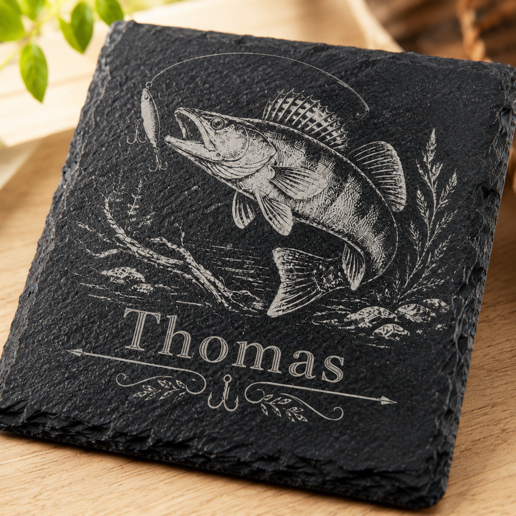 Geschenk für Angler mit personalisiertem Zander Schieferuntersetzer und individueller Namensgravur