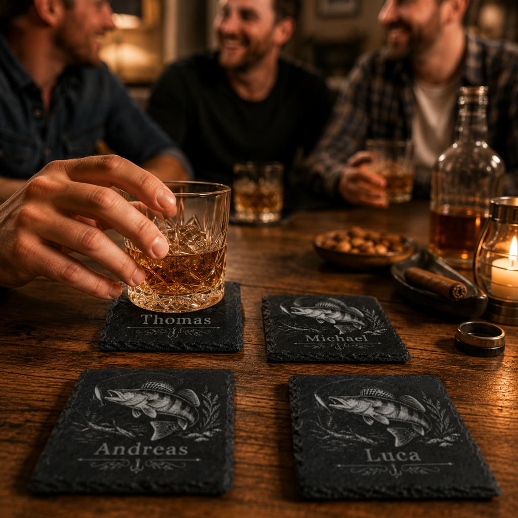 Geschenk für Angler mit personalisiertem Zander Schieferuntersetzer und individueller Namensgravur