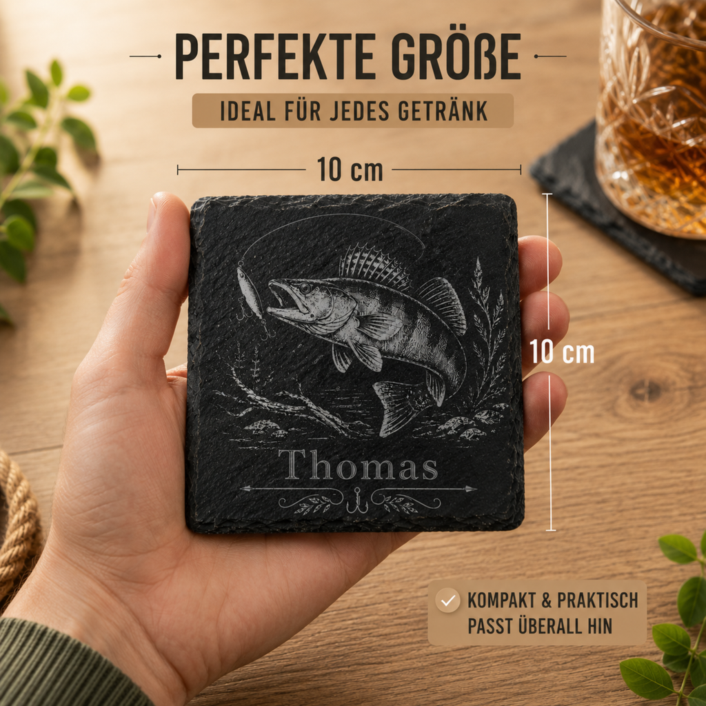 Geschenk für Angler mit personalisiertem Zander Schieferuntersetzer und individueller Namensgravur