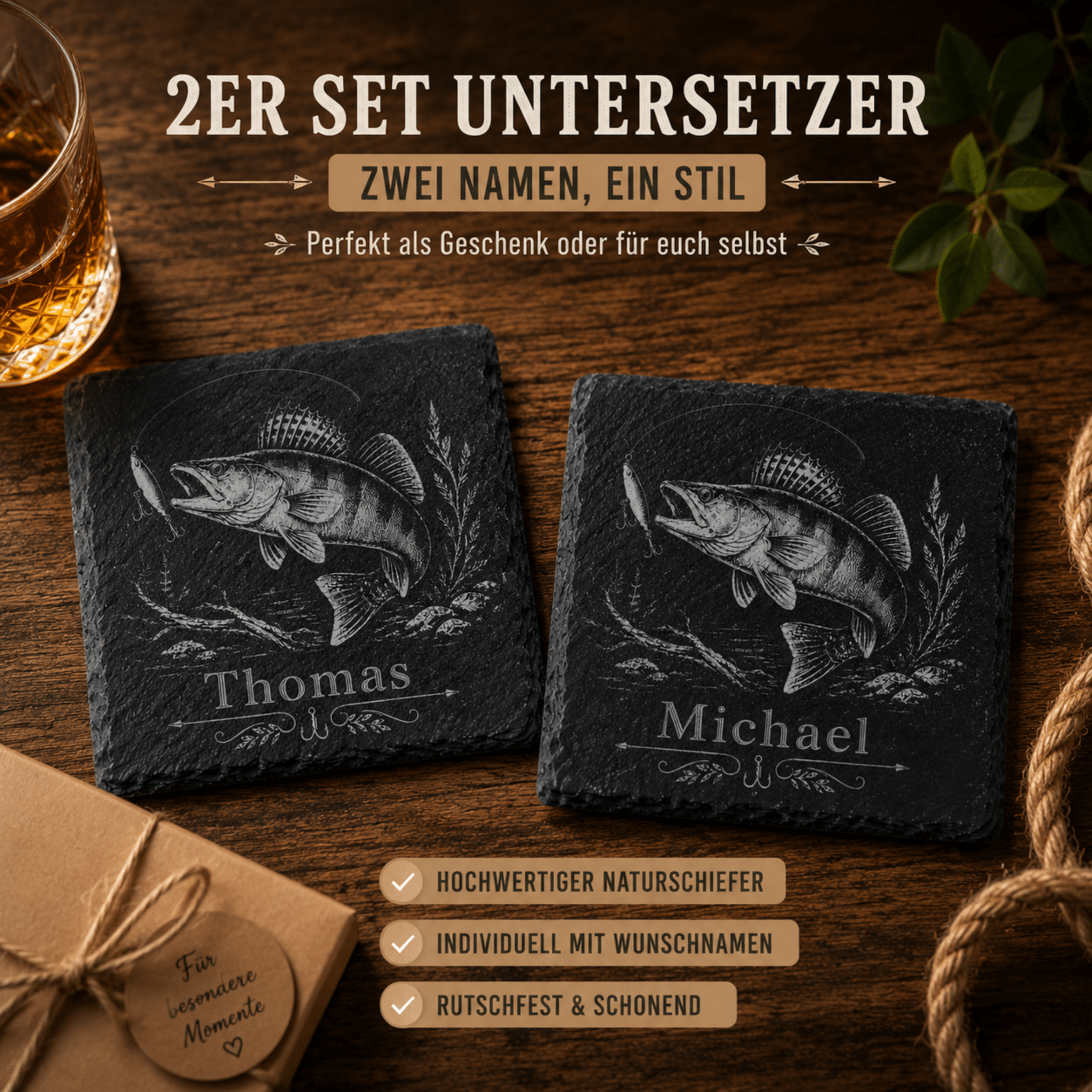 Personalisierter Zander Schieferuntersetzer mit Name – Geschenk für Angler - Gravurliebe